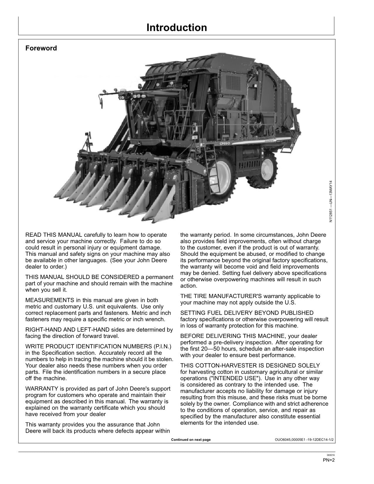 JOHN DEERE CP690 COTTON PICKER OPERATORS MANUAL #3