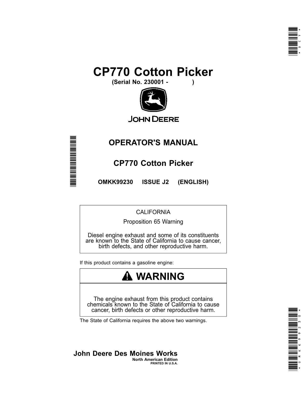 MANUEL D'UTILISATION DU CUEILLEUR DE COTON JOHN DEERE CP770 #1