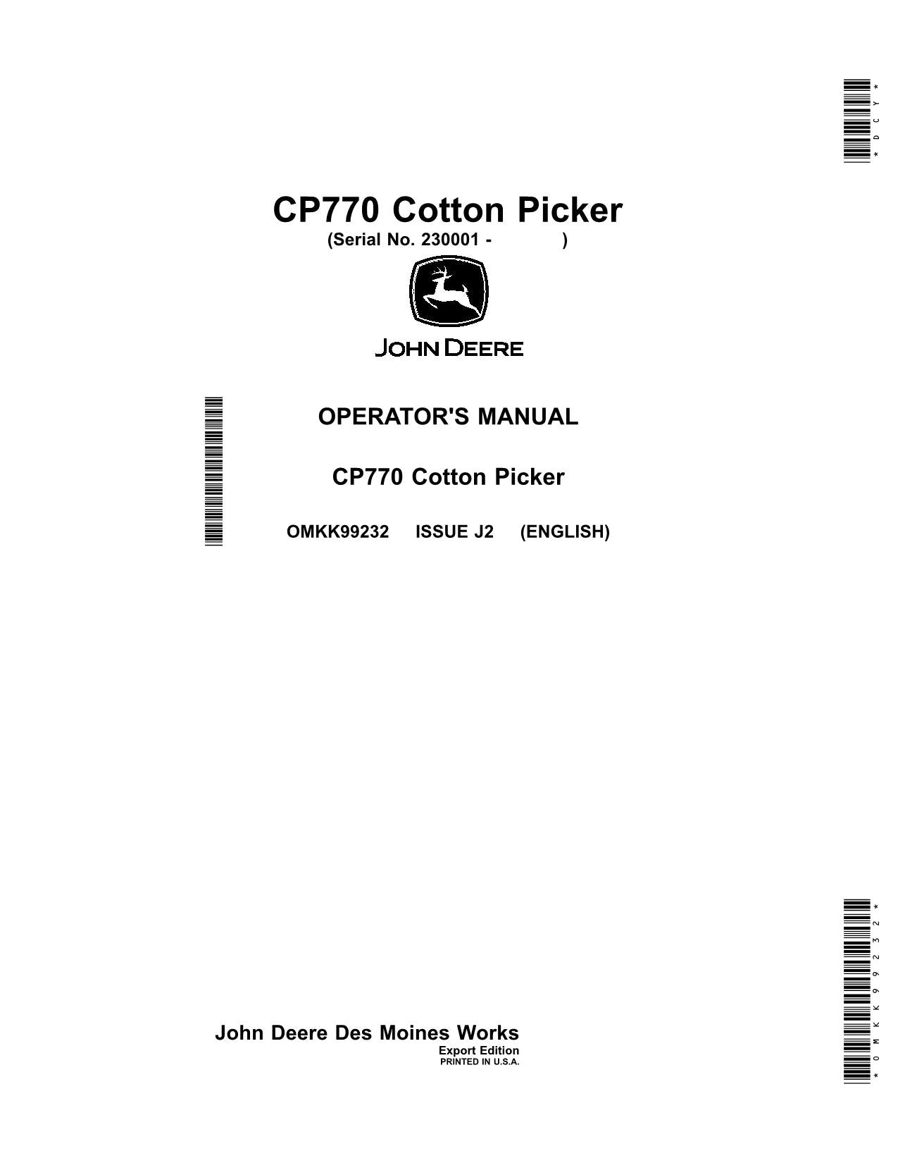 MANUEL D'UTILISATION DE LA CUEILLETTE DE COTON JOHN DEERE CP770 #6