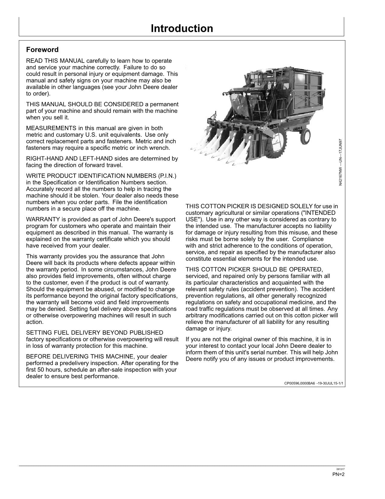 JOHN DEERE 9970  4MZ-5 COTTON PICKER OPERATORS MANUAL