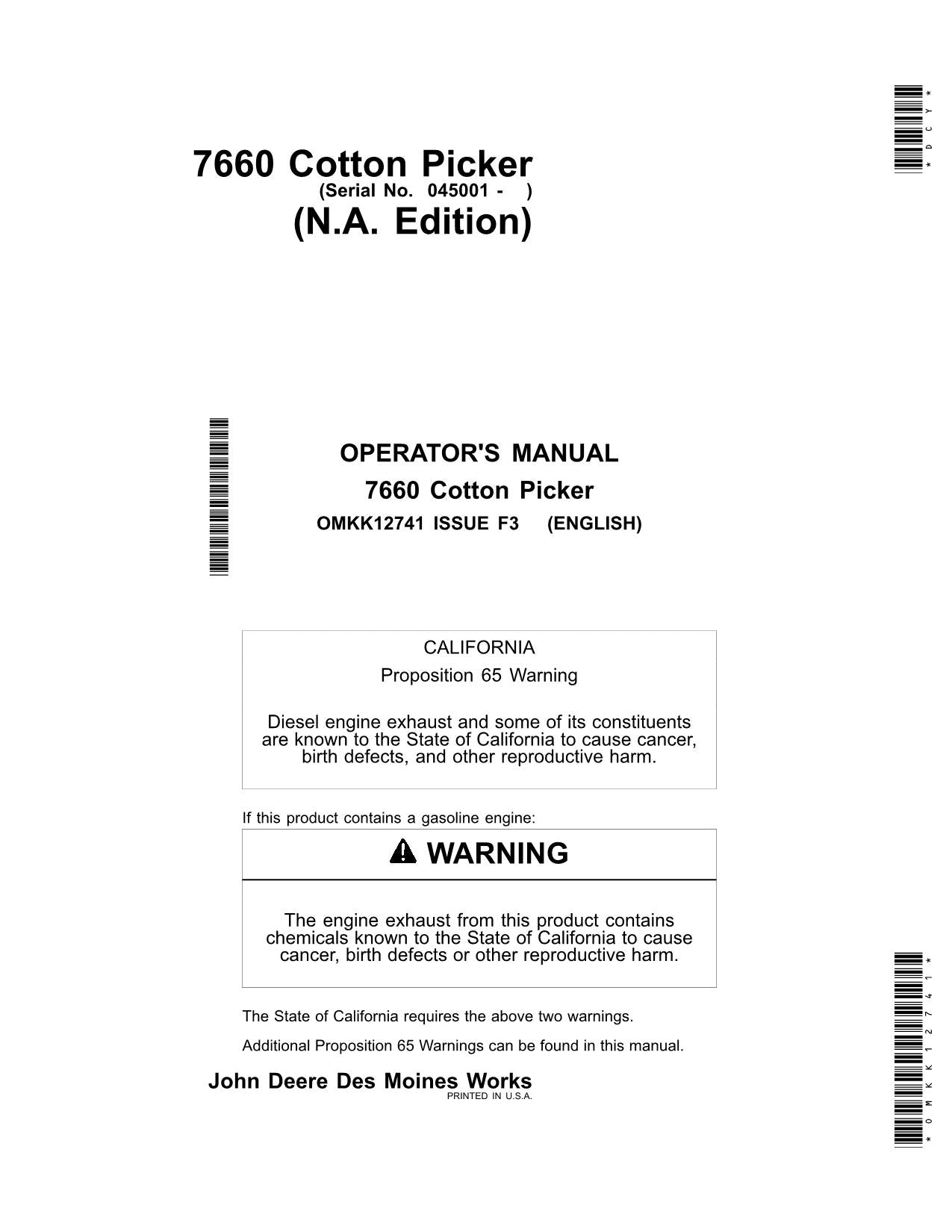 JOHN DEERE 7660 COTTON PICKER OPERATORS MANUAL #1