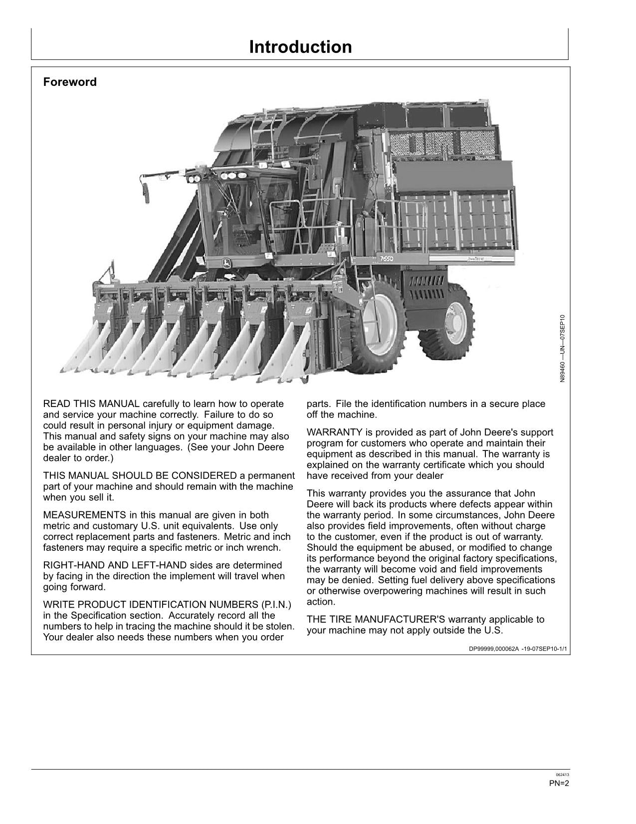 JOHN DEERE 7660 COTTON PICKER OPERATORS MANUAL #1