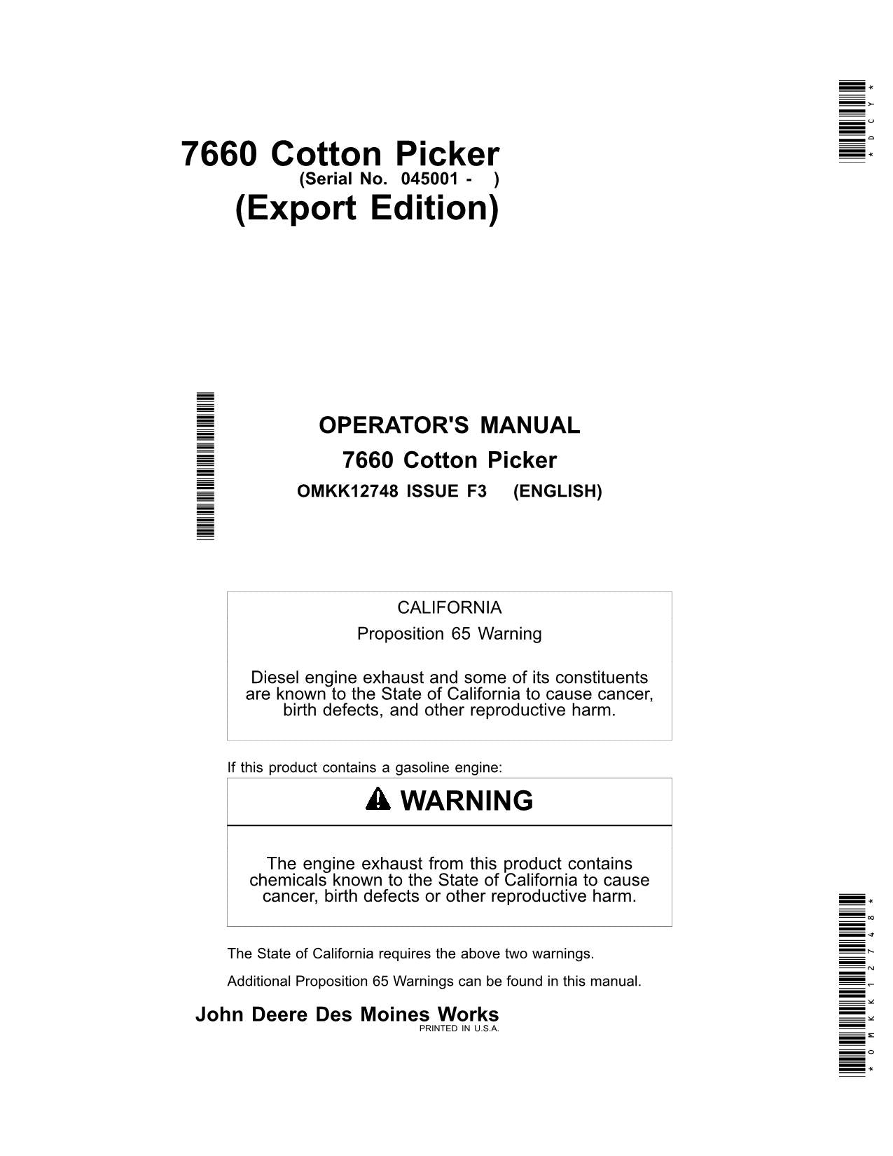 JOHN DEERE 7660 COTTON PICKER OPERATORS MANUAL #2