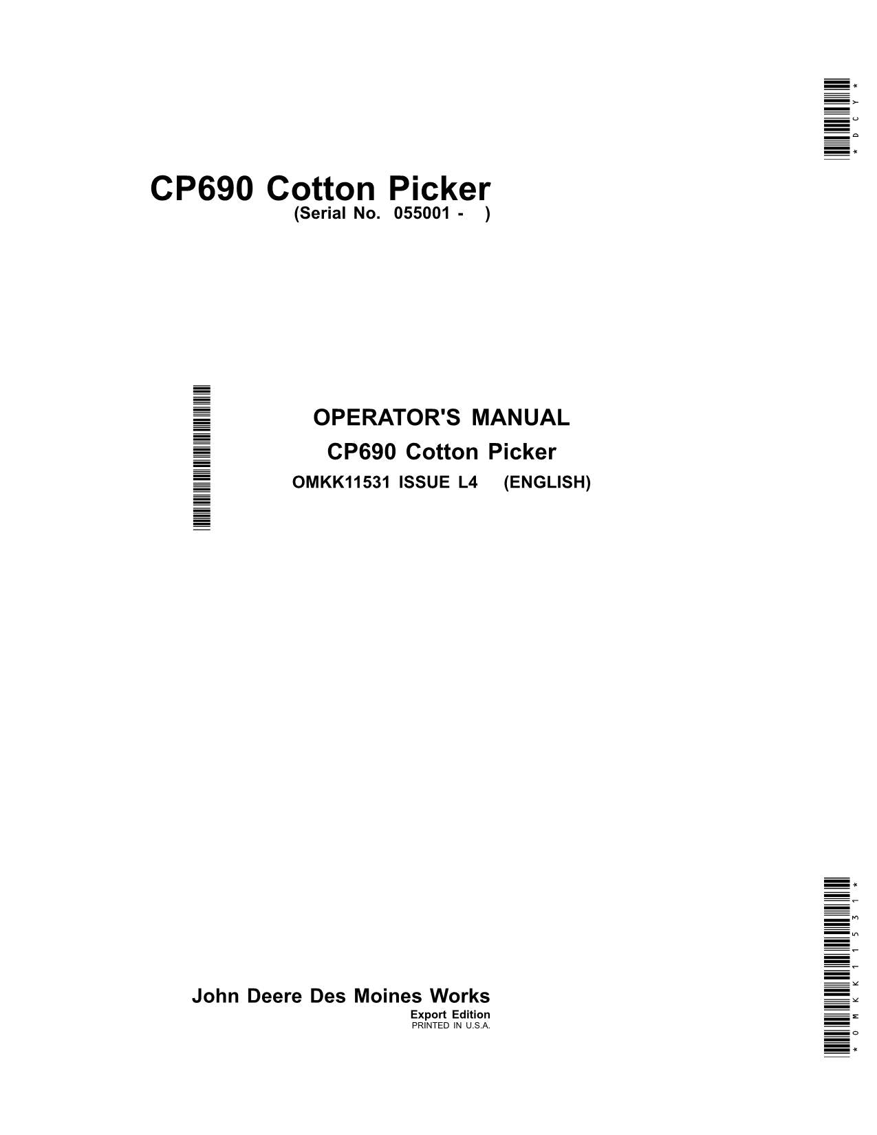 JOHN DEERE CP690 COTTON PICKER OPERATORS MANUAL 055001-060000