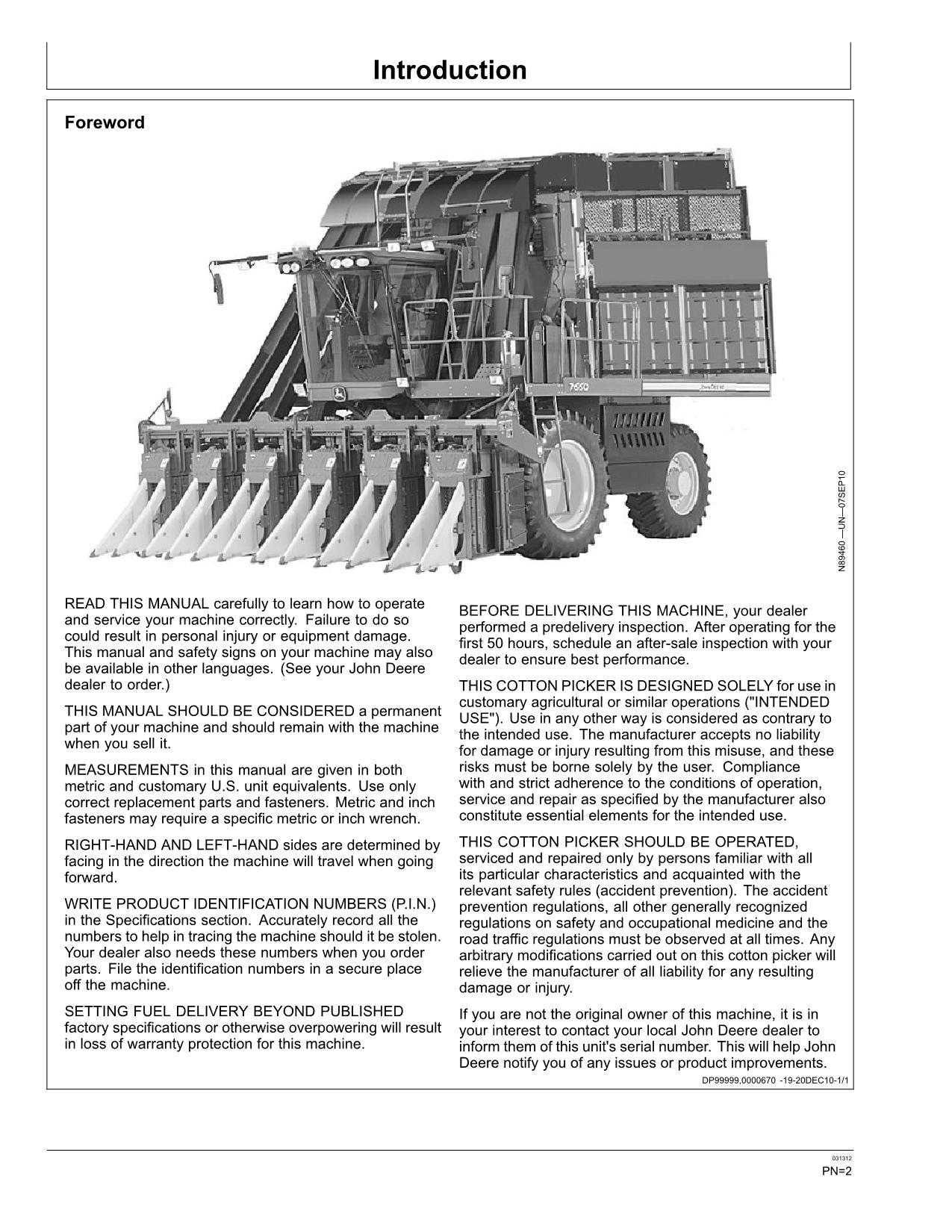 JOHN DEERE 7660 COTTON PICKER OPERATORS MANUAL #7