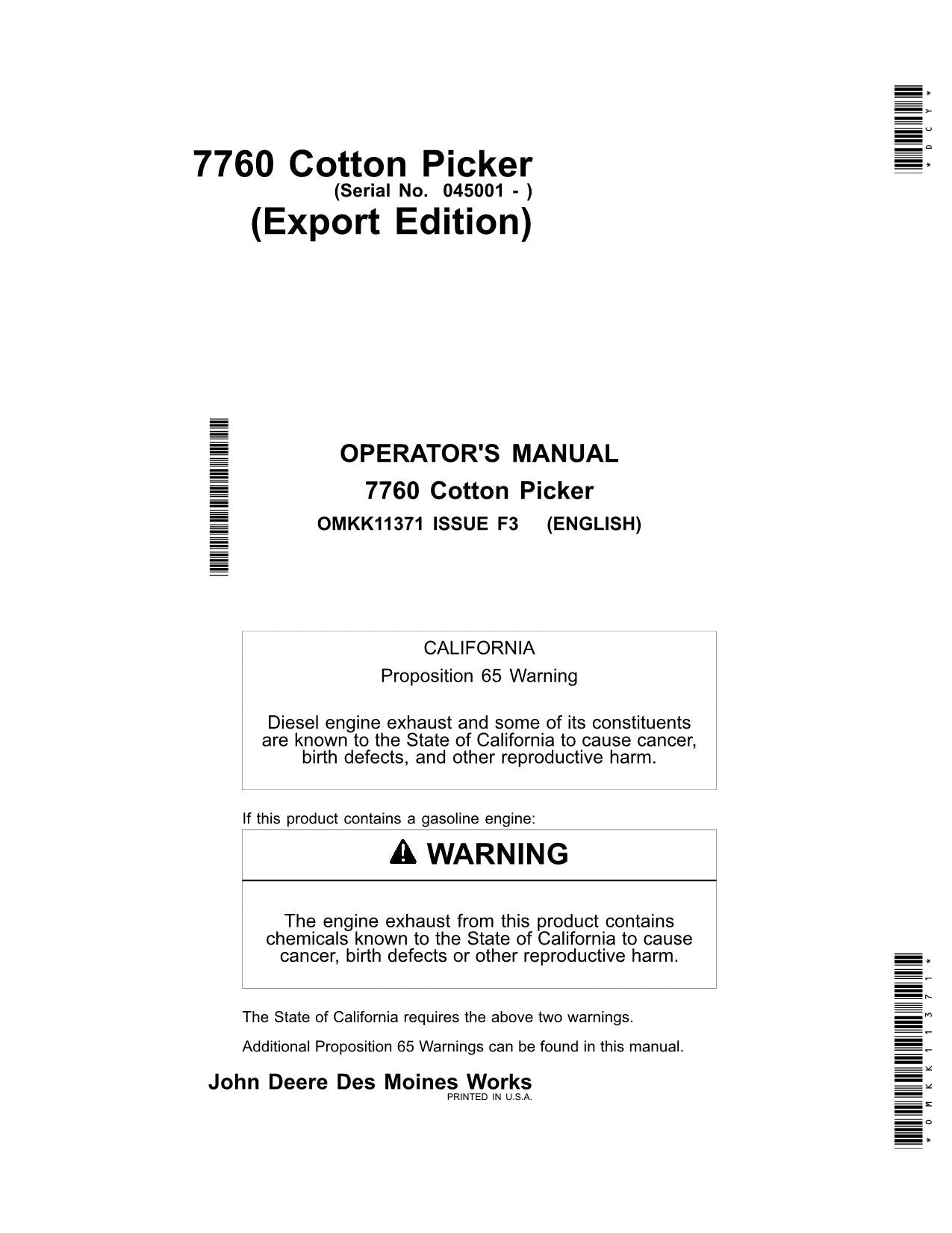 JOHN DEERE 7760 COTTON PICKER OPERATORS MANUAL #8