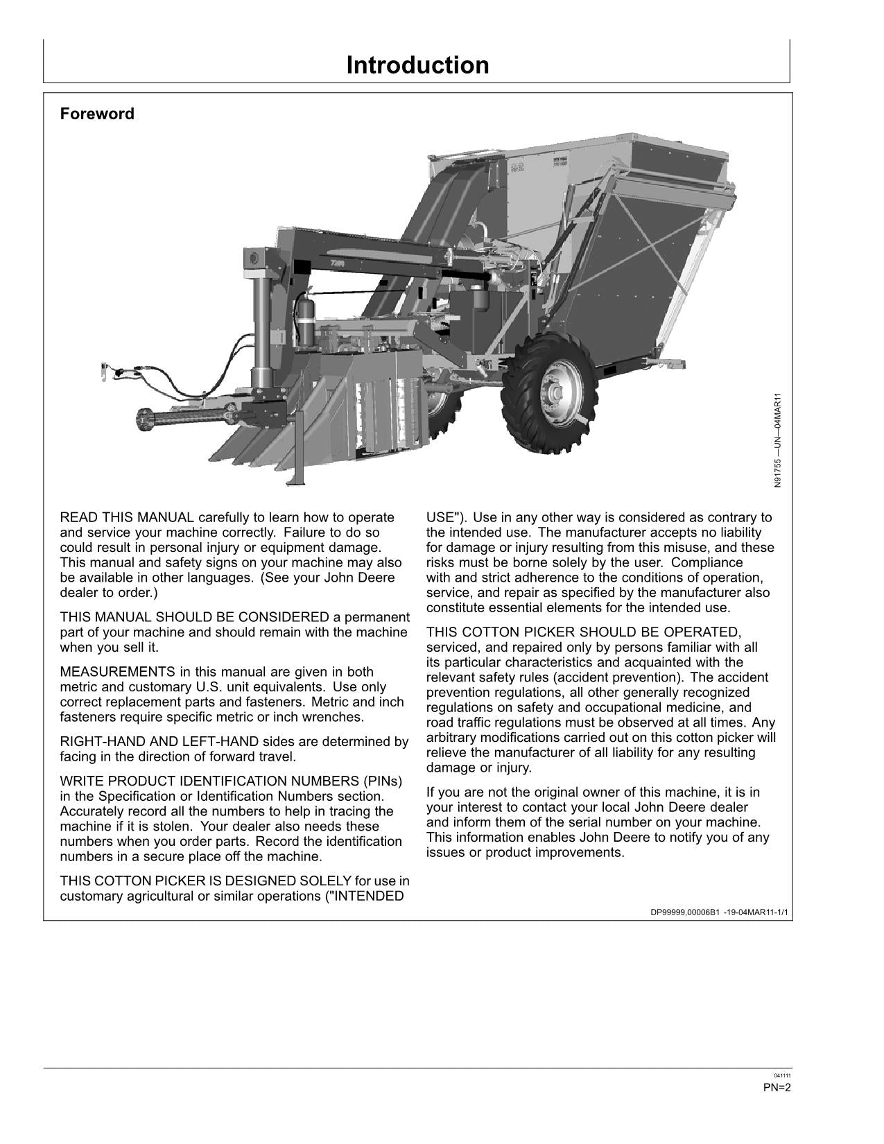 JOHN DEERE 7260 COTTON PICKER OPERATORS MANUAL #2