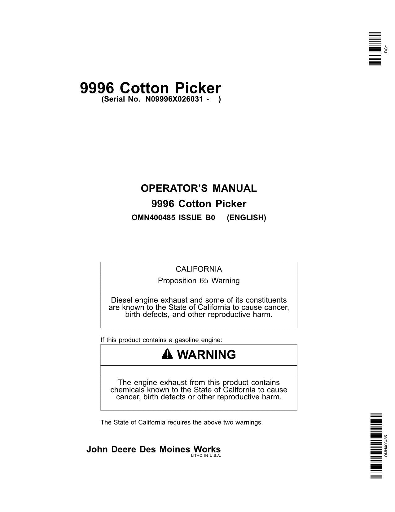 JOHN DEERE 9996 COTTON PICKER OPERATORS MANUAL #7