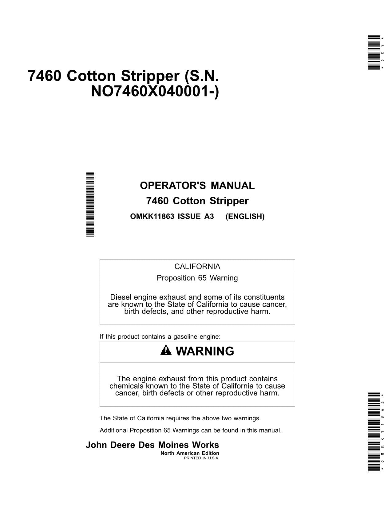 JOHN DEERE 7460 COTTON PICKER OPERATORS MANUAL #1