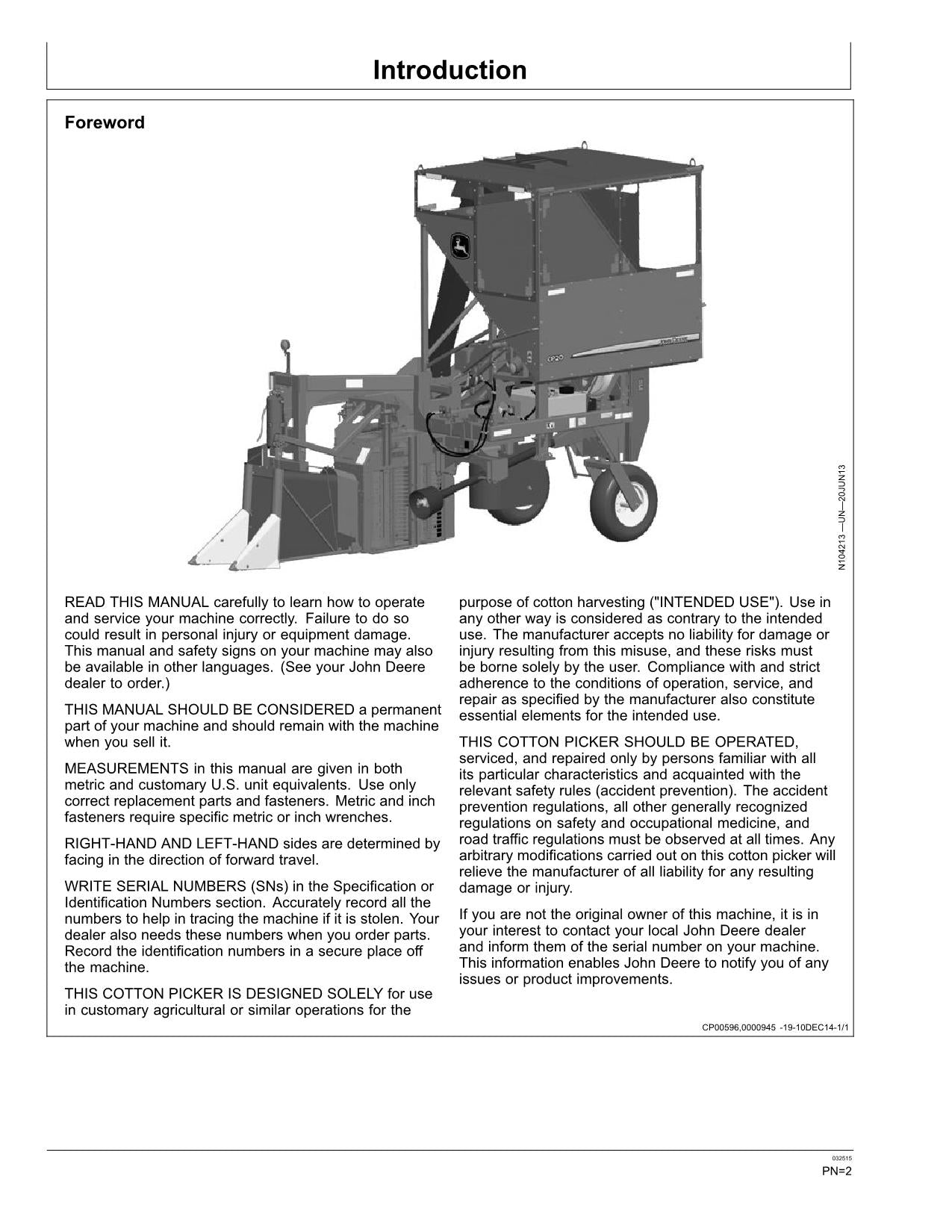 JOHN DEERE CP20 BAUMWOLLPFLÜCKER BEDIENUNGSANLEITUNG