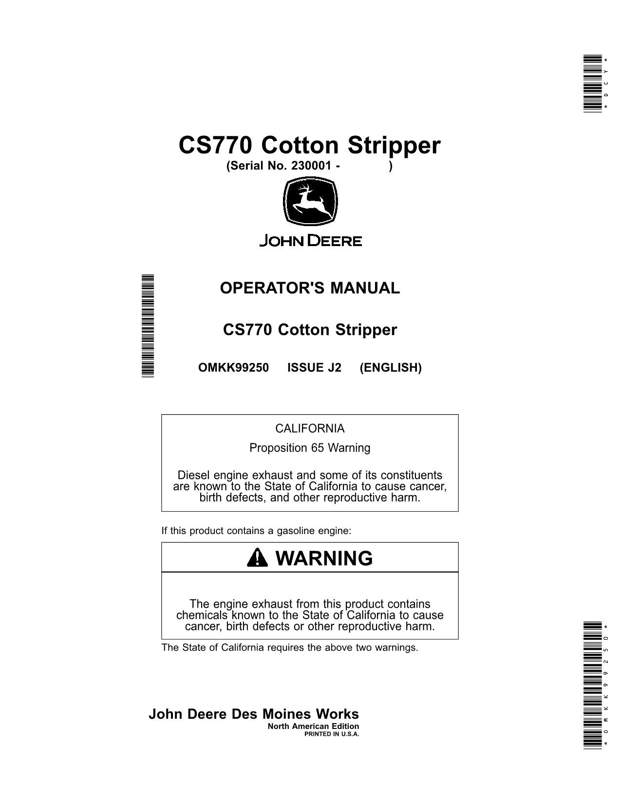 JOHN DEERE CS770 COTTON PICKER OPERATORS MANUAL #3