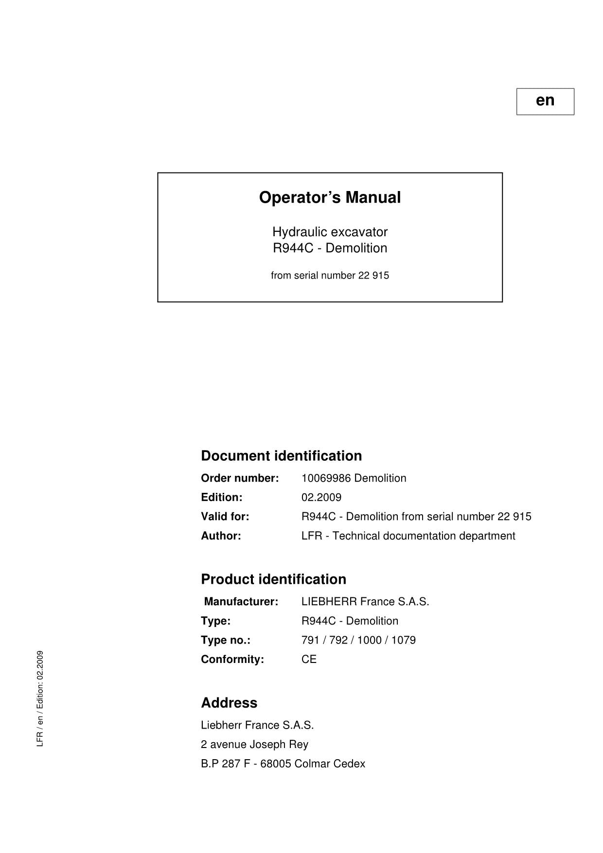 Manuel d'utilisation de la pelle de démolition Liebherr R944 C, numéro de série 22915