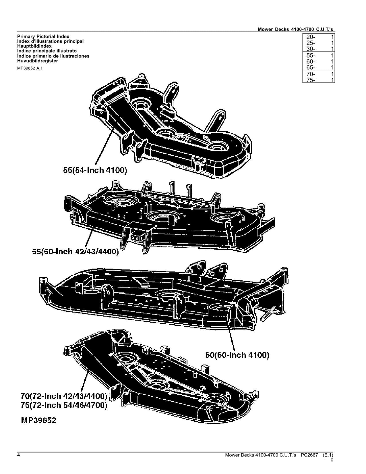 JOHN DEERE 54 60 72 INCH TRACTOR MOWER DECKS PARTS CATALOG MANUAL