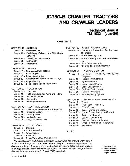 JOHN DEERE 350B CRAWLER LOADER TRACTOR OPERATION SERVICE  MANUAL