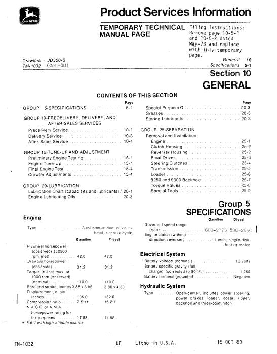 JOHN DEERE 350B CRAWLER LOADER TRACTOR OPERATION SERVICE  MANUAL