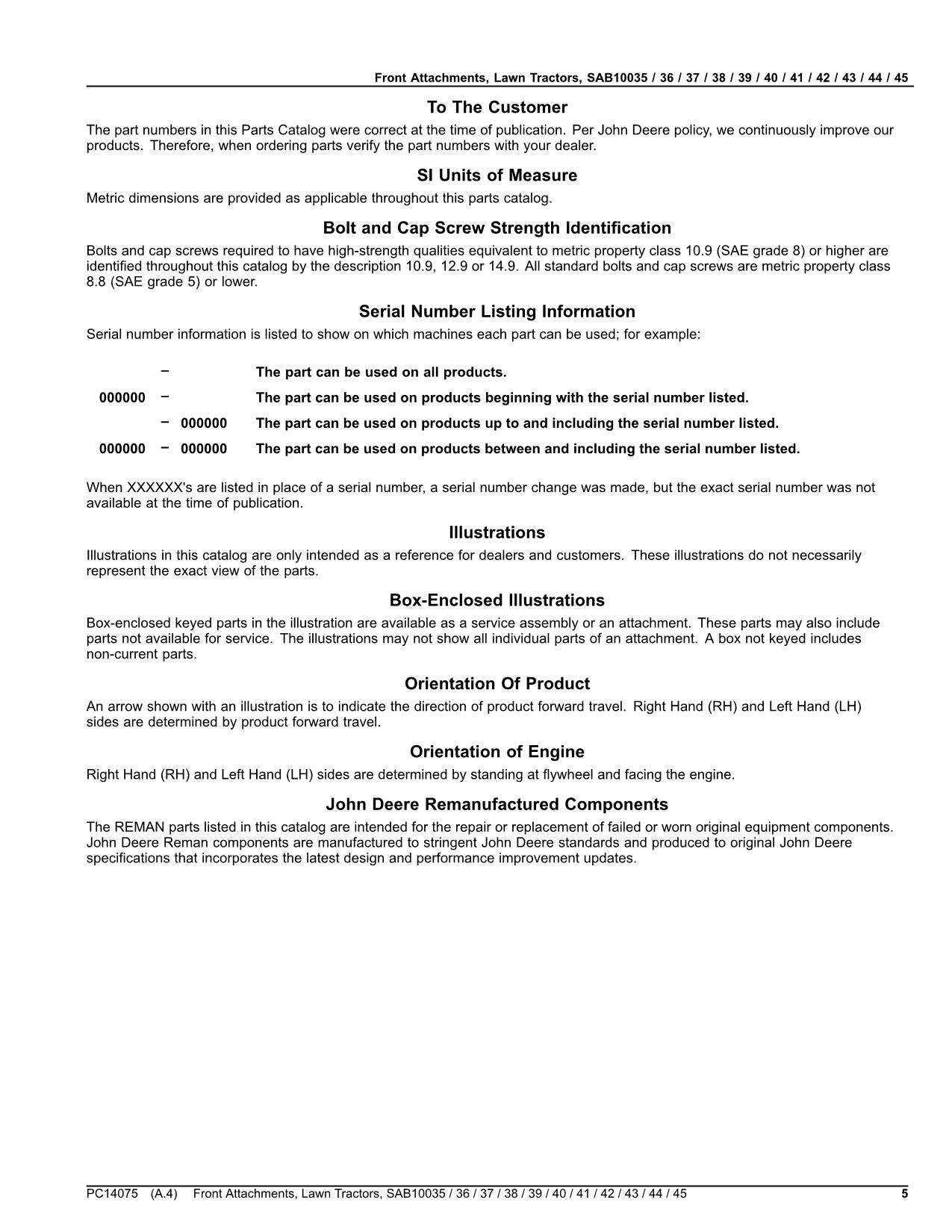 JOHN DEERE SAB10038 SAB10039 SAB10040 TRACTOR PARTS CATALOG MANUAL