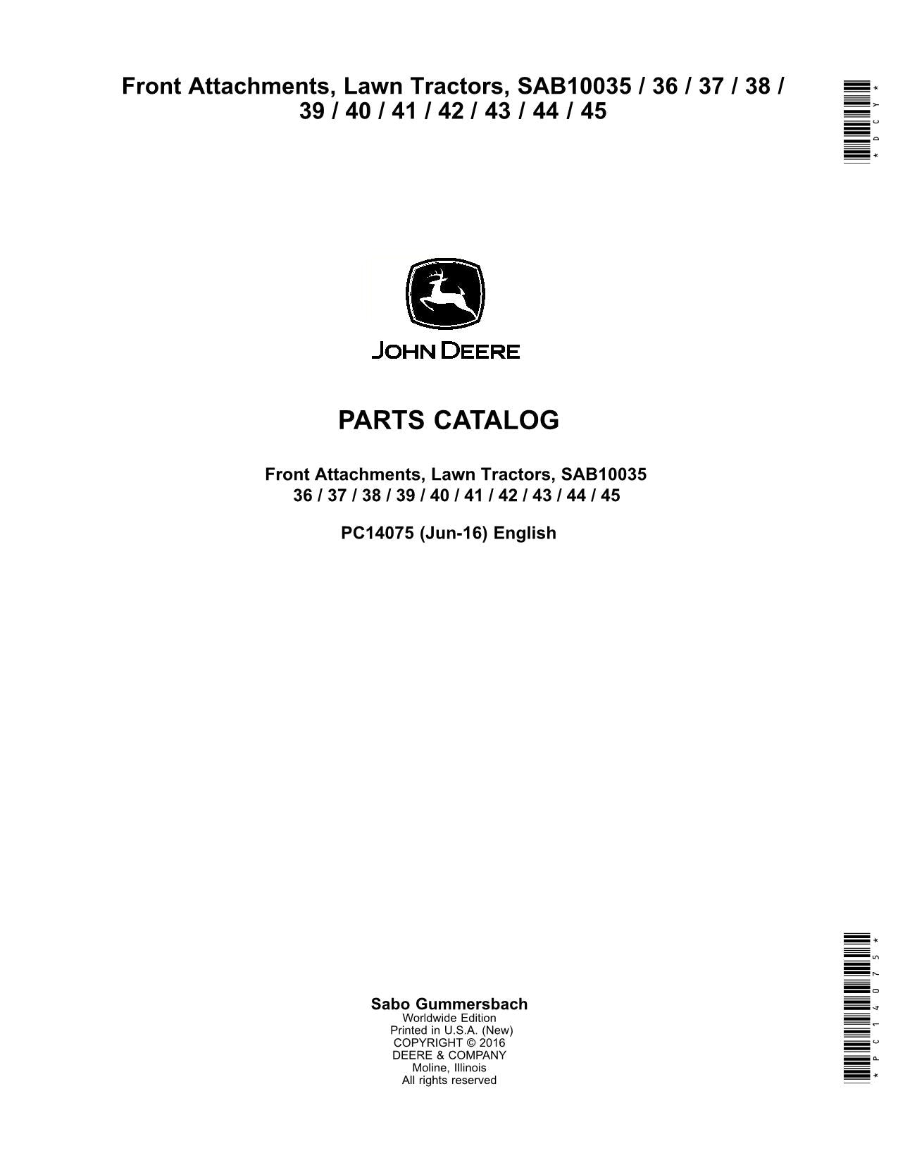 JOHN DEERE SAB10035 SAB10036 SAB10037 TRACTOR PARTS CATALOG MANUAL