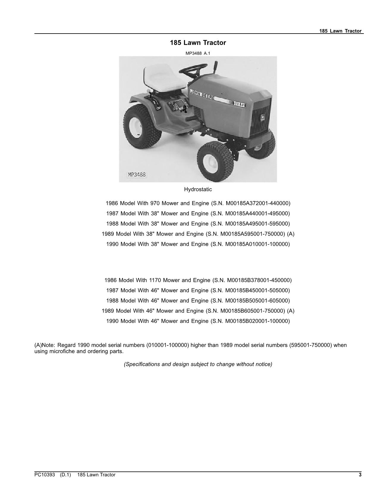 JOHN DEERE 185 TRACTOR PARTS CATALOG MANUAL