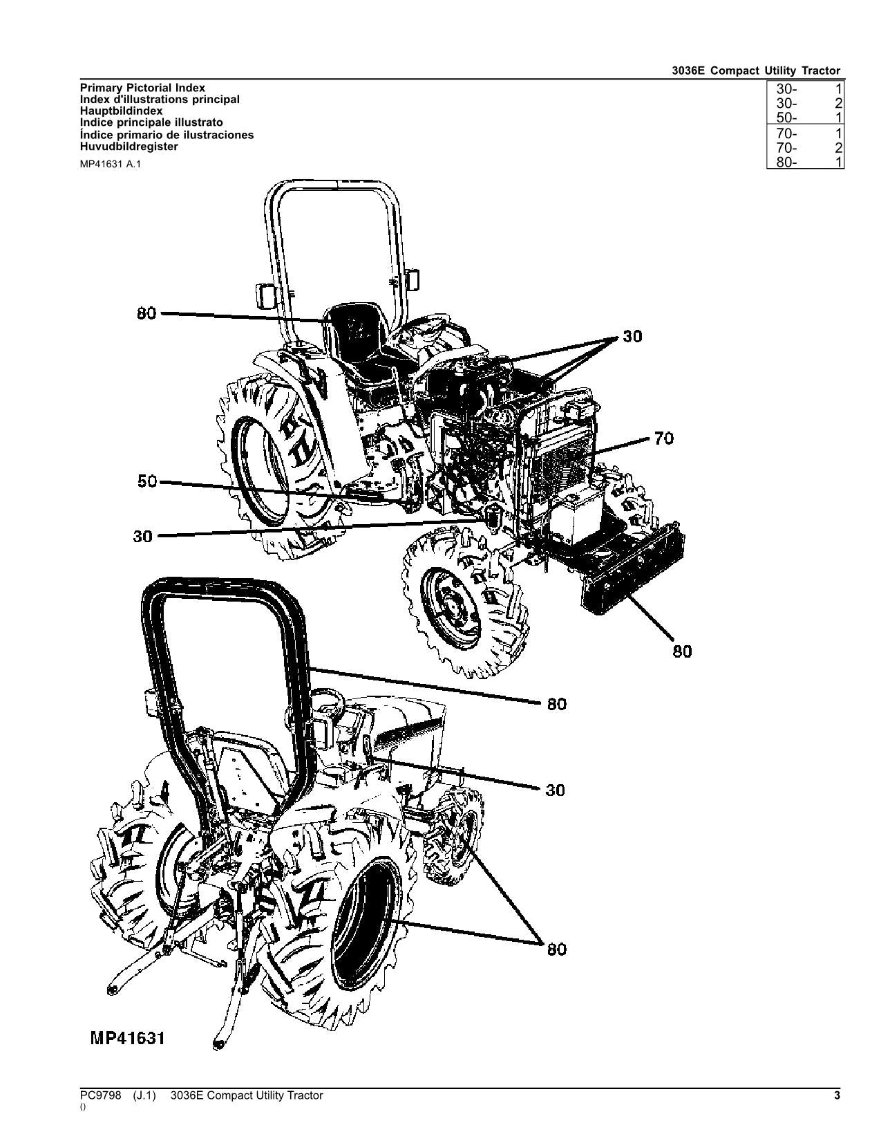 MANUEL DU CATALOGUE DES PIÈCES DU TRACTEUR JOHN DEERE 3036E PC9798