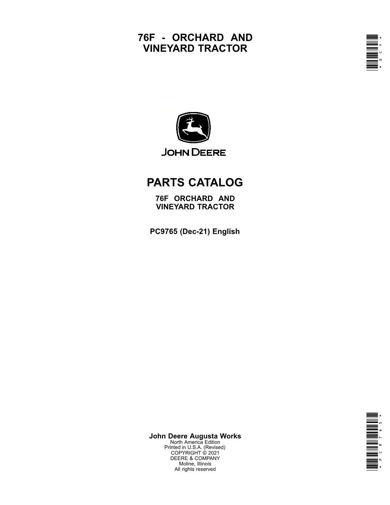 JOHN DEERE 76F TRACTOR PARTS CATALOG MANUAL