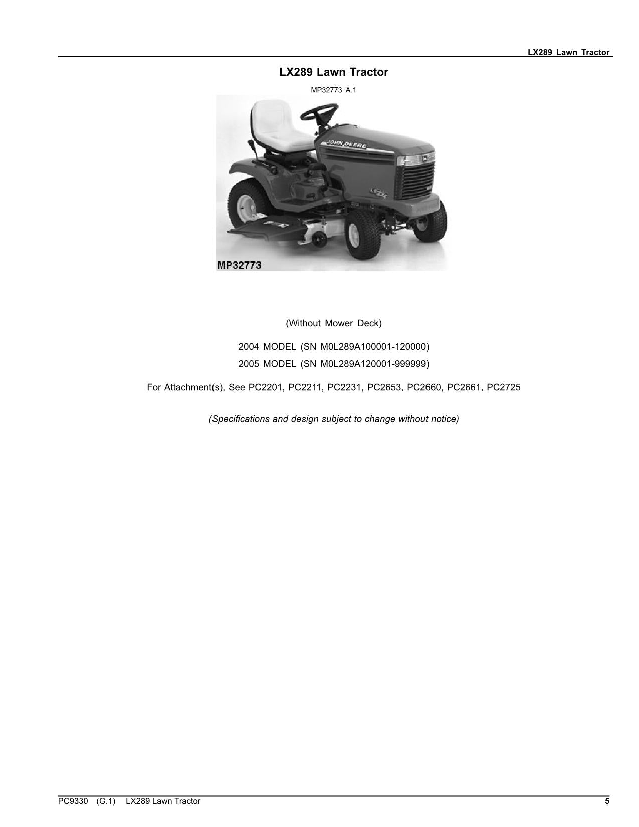 JOHN DEERE LX289 TRACTOR PARTS CATALOG MANUAL