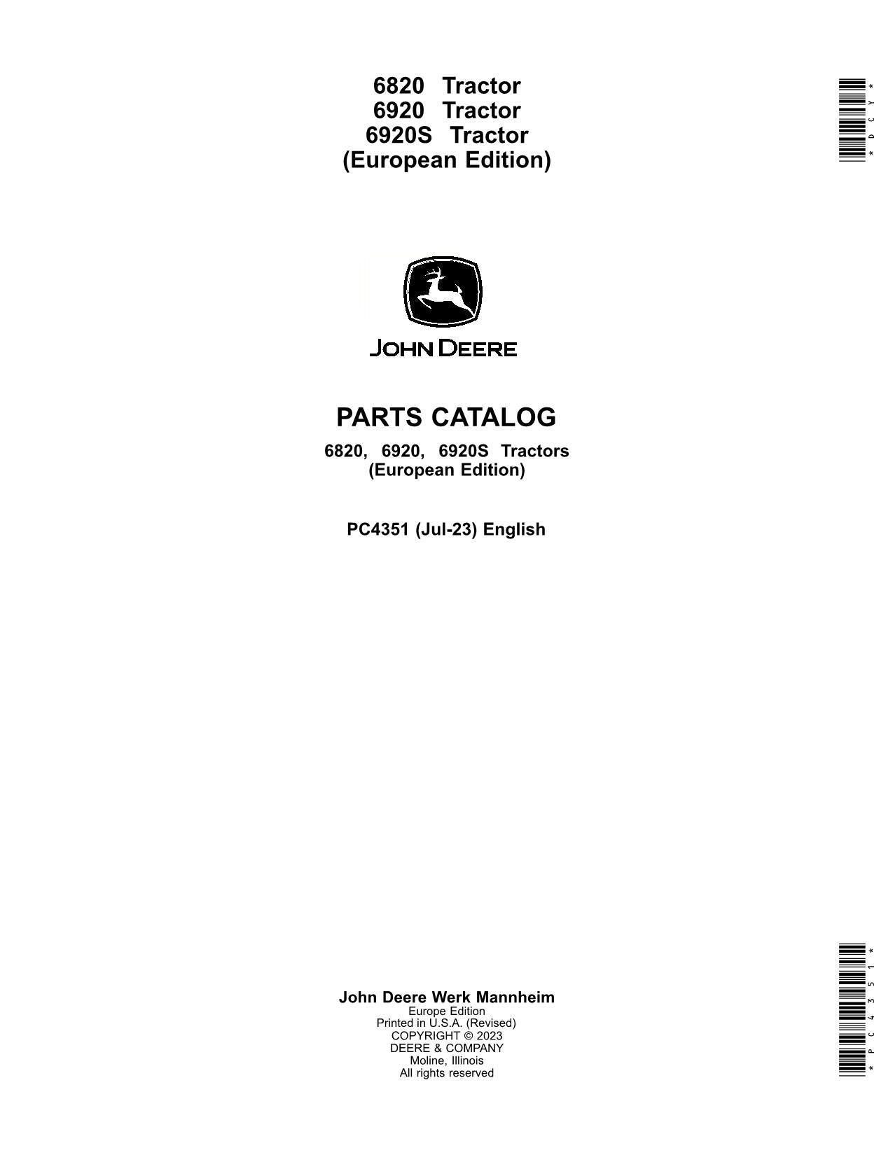 JOHN DEERE 6820 6920 6920S TRACTOR PARTS CATALOG MANUAL