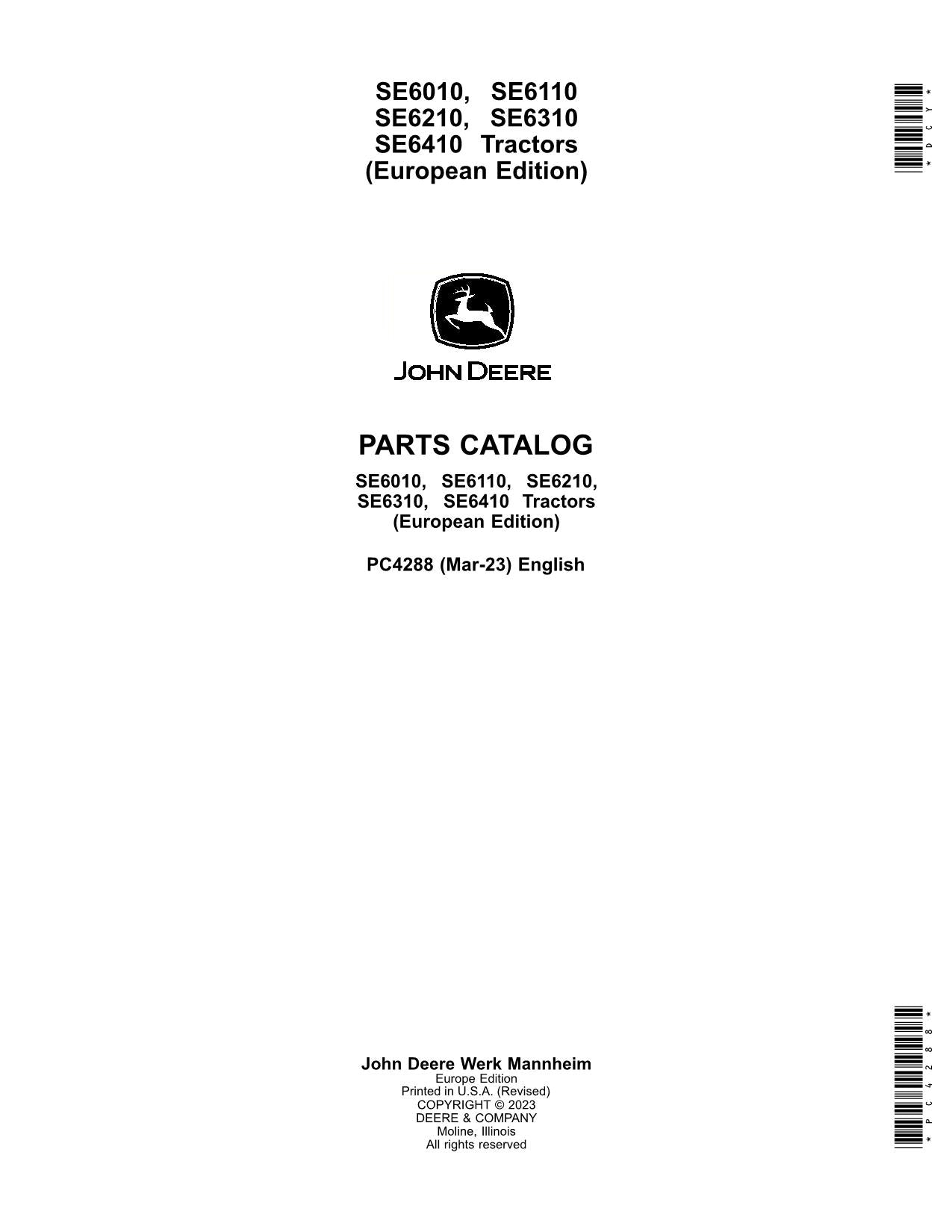 JOHN DEERE SE6010 SE6110 SE6210 SE6310 SE6410 TRACTOR PARTS CATALOG MANUAL