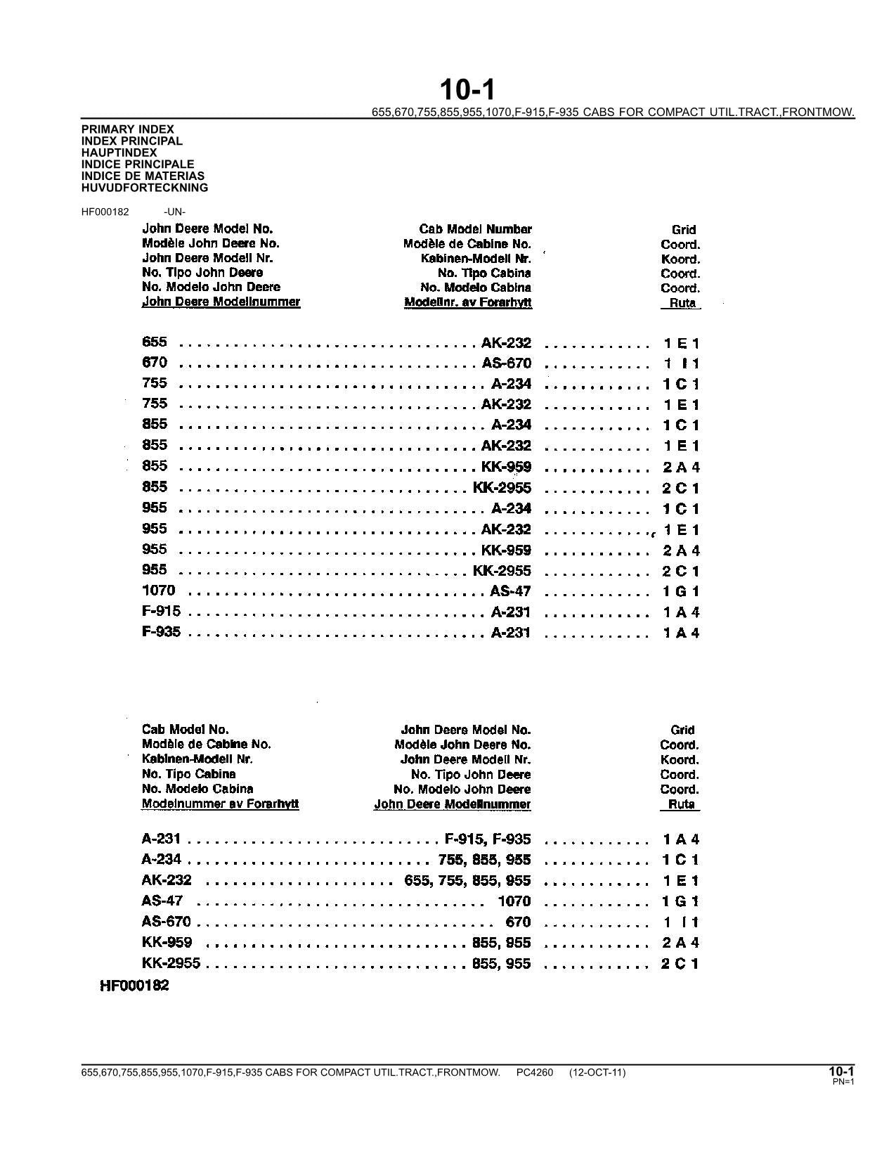 JOHN DEERE F915 1070 F935 655 755 955 670 Kabine Traktor Teilekatalog Handbuch