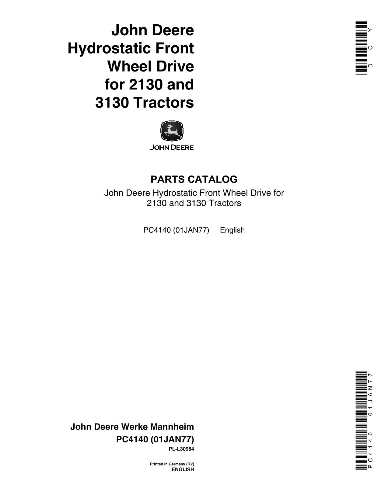 JOHN DEERE 2130 TRACTOR PARTS CATALOG MANUAL