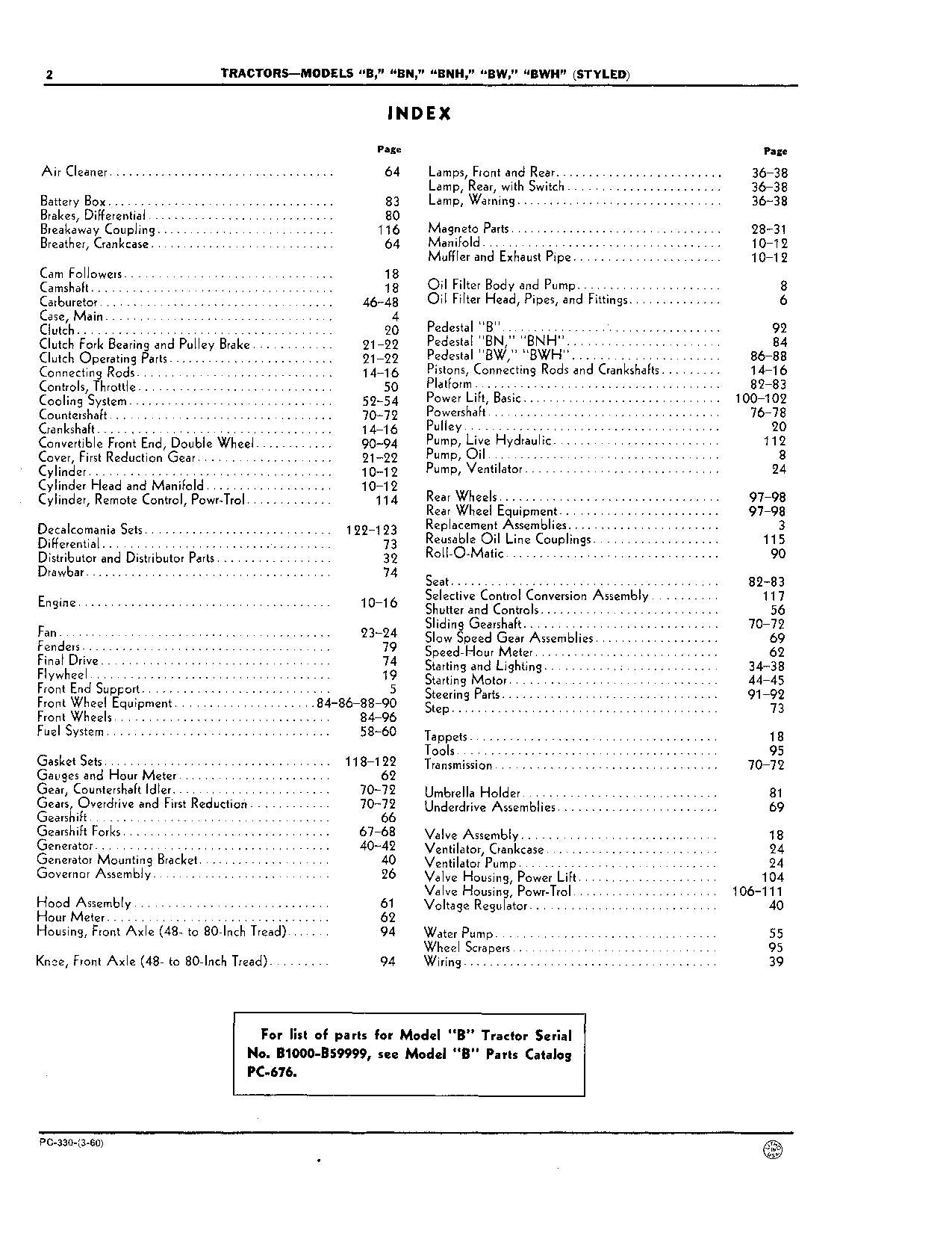 JOHN DEERE B BN BNH BW BWH TRACTOR PARTS CATALOG MANUAL