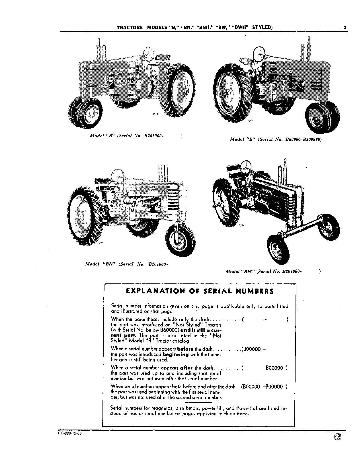 JOHN DEERE B BN BNH BW BWH TRACTOR PARTS CATALOG MANUAL