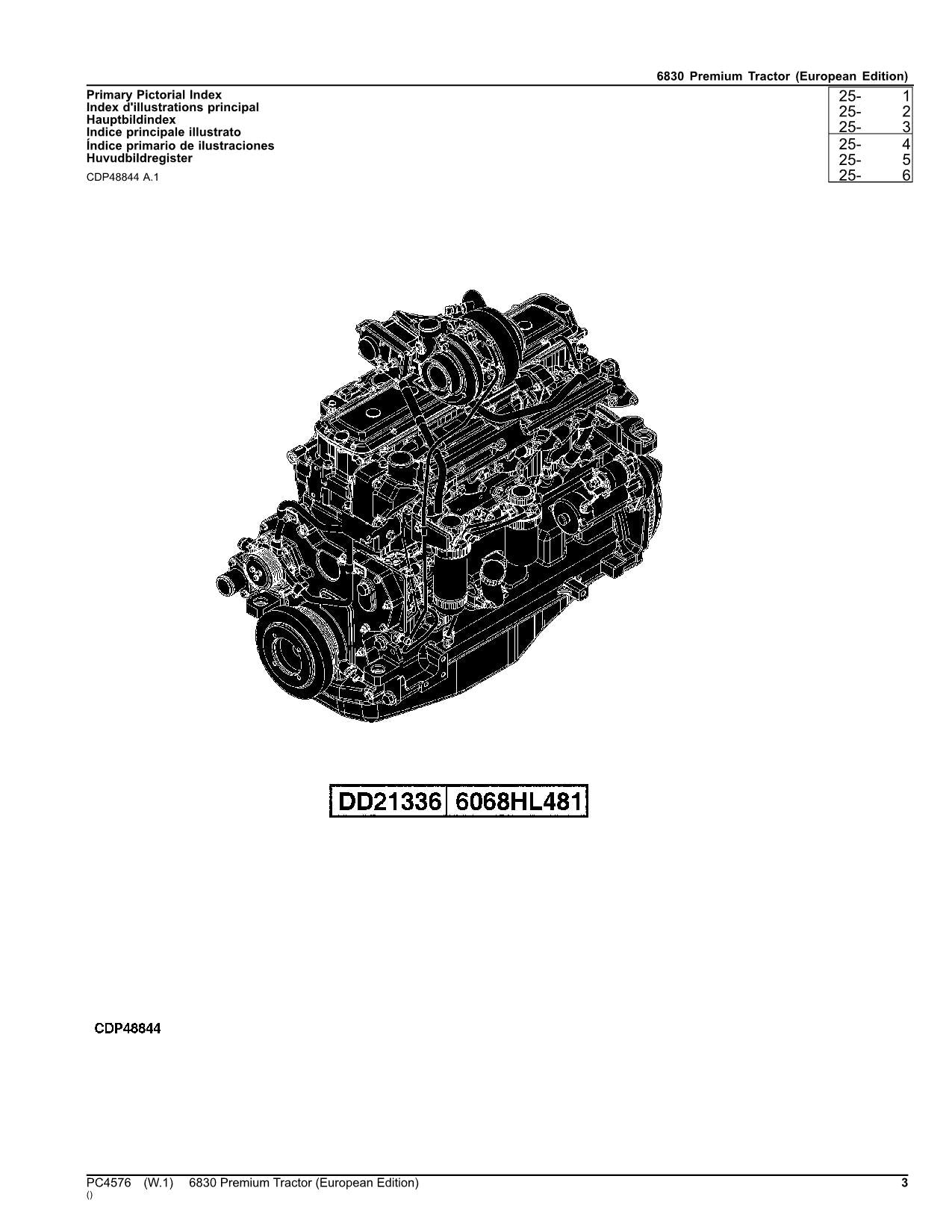 JOHN DEERE 6830 PREMIUM TRACTOR PARTS CATALOG MANUAL EUROPEAN EDITION