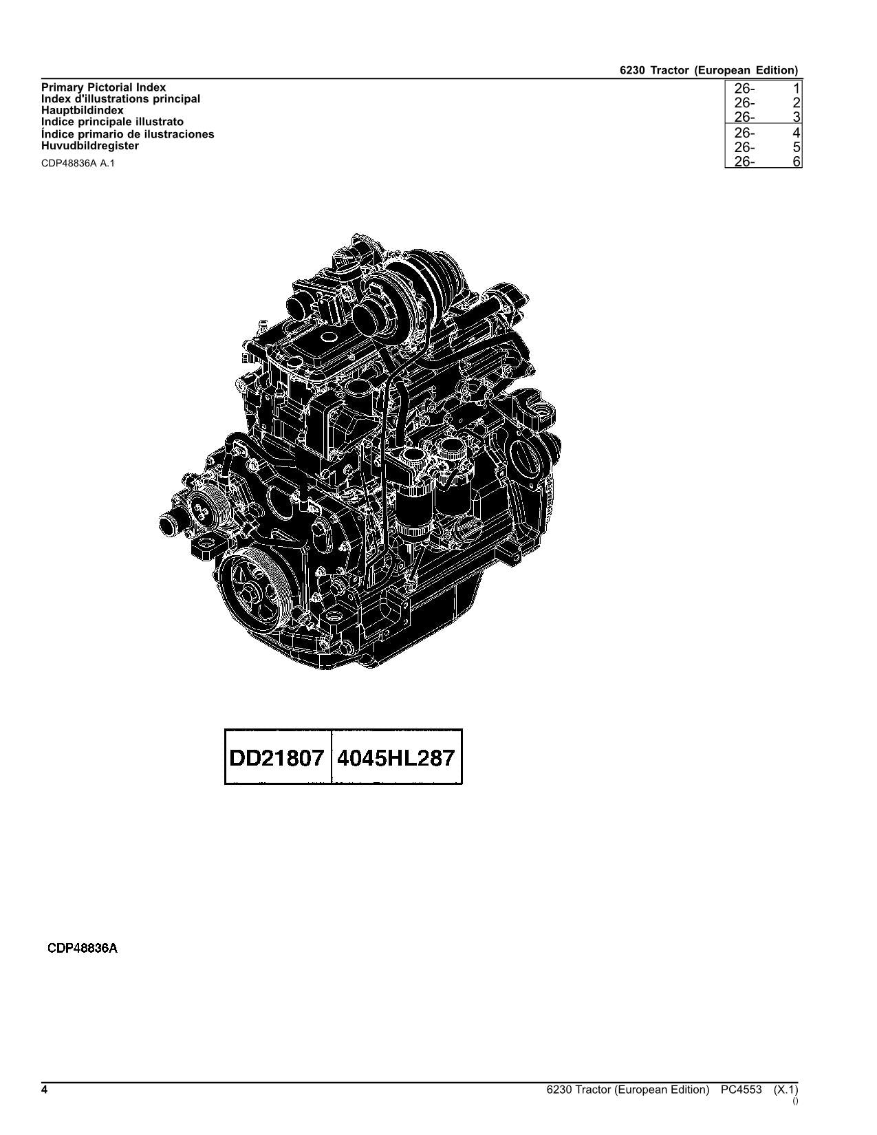 JOHN DEERE 6230 TRACTOR PARTS CATALOG MANUAL ser. EUROPEAN EDITION