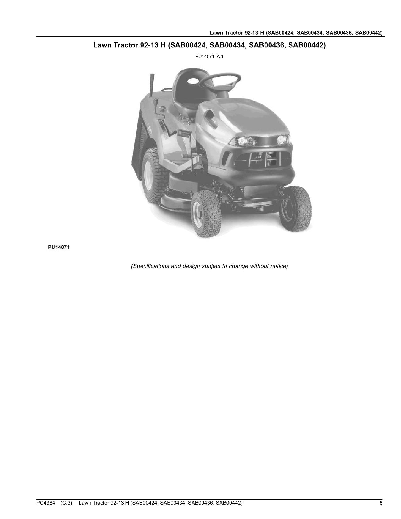 JOHN DEERE 92-13 H SAB00424 SAB00434 TRACTOR PARTS CATALOG MANUAL