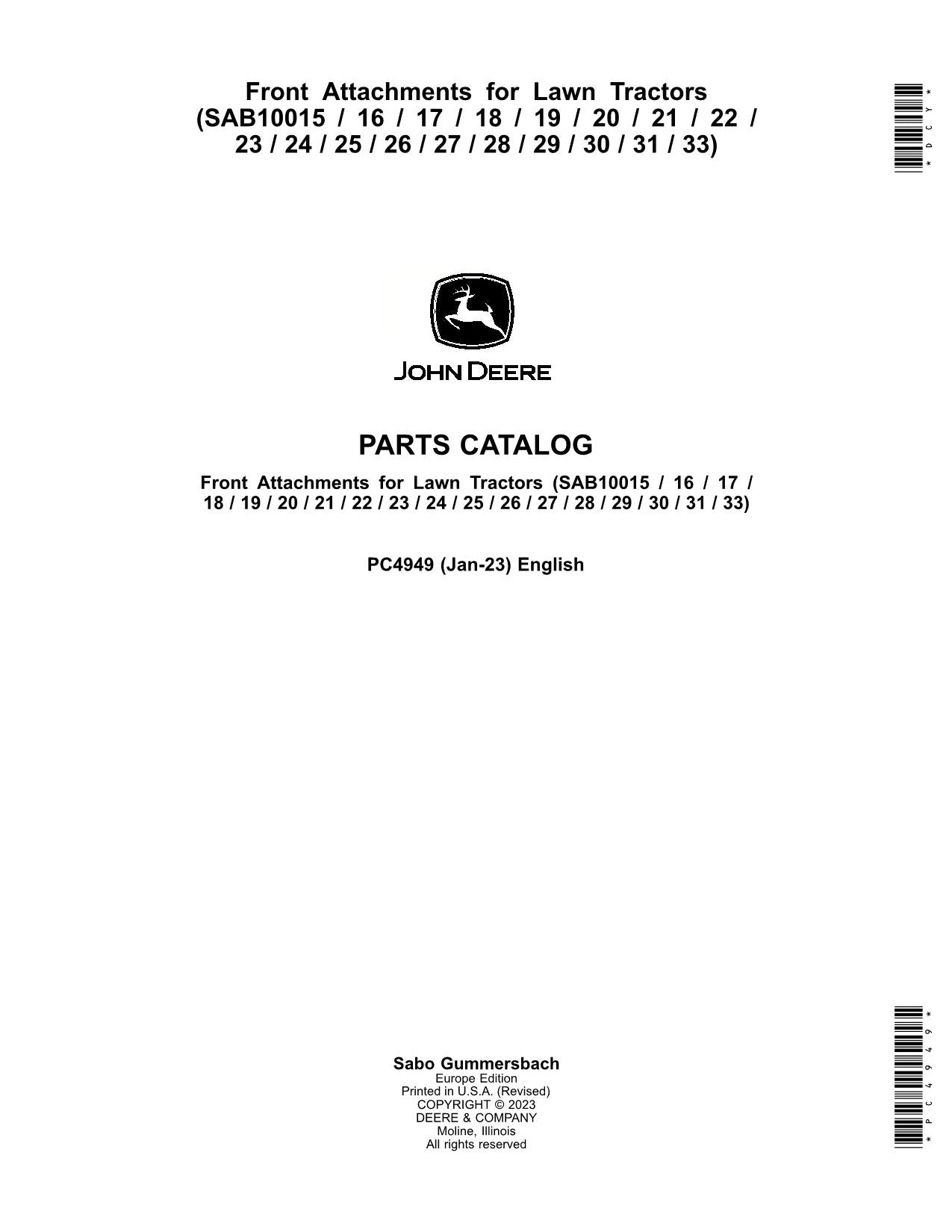 JOHN DEERE SAB10015 SAB10031 SAB10031 TRACTOR PARTS CATALOG MANUAL