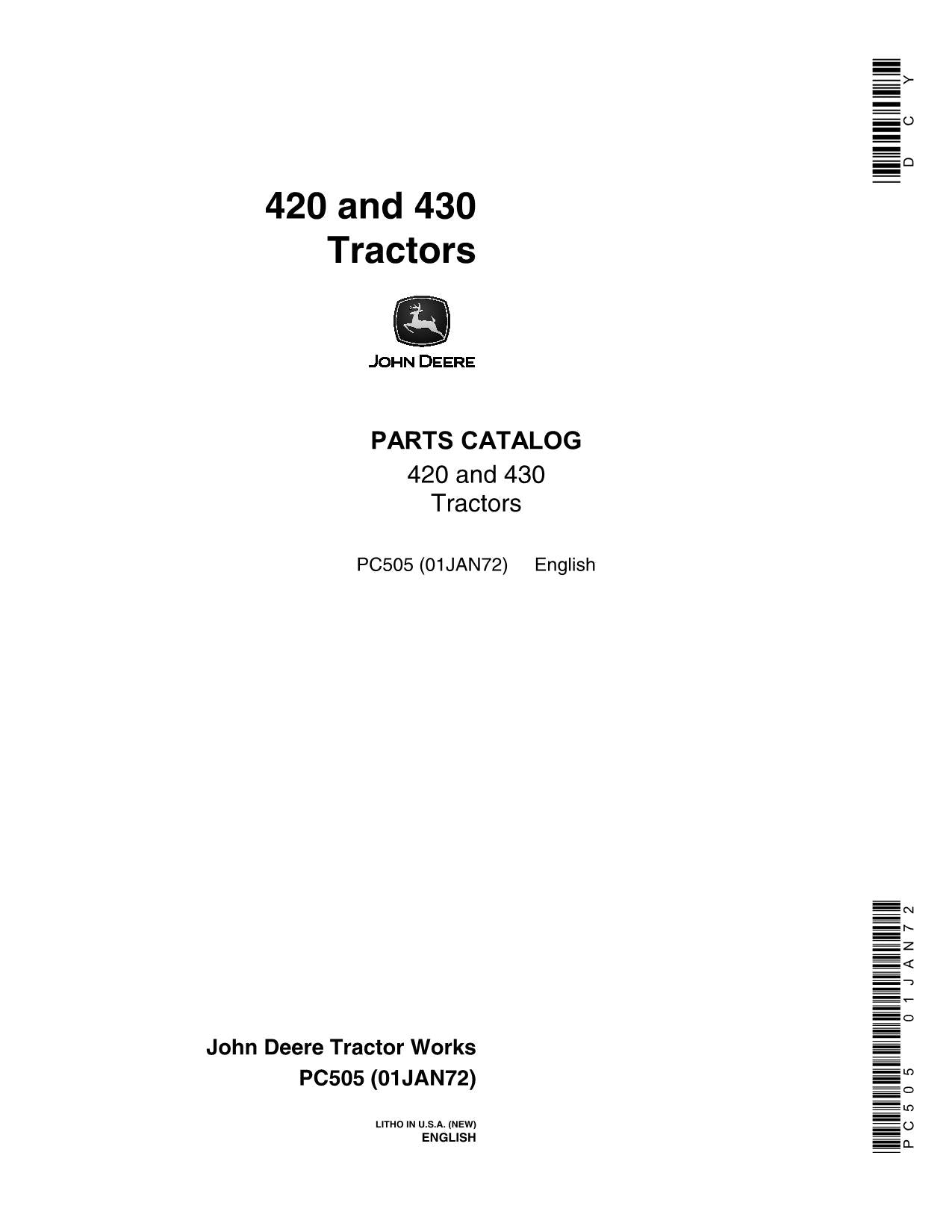 JOHN DEERE 420 430 TRACTOR PARTS CATALOG MANUAL