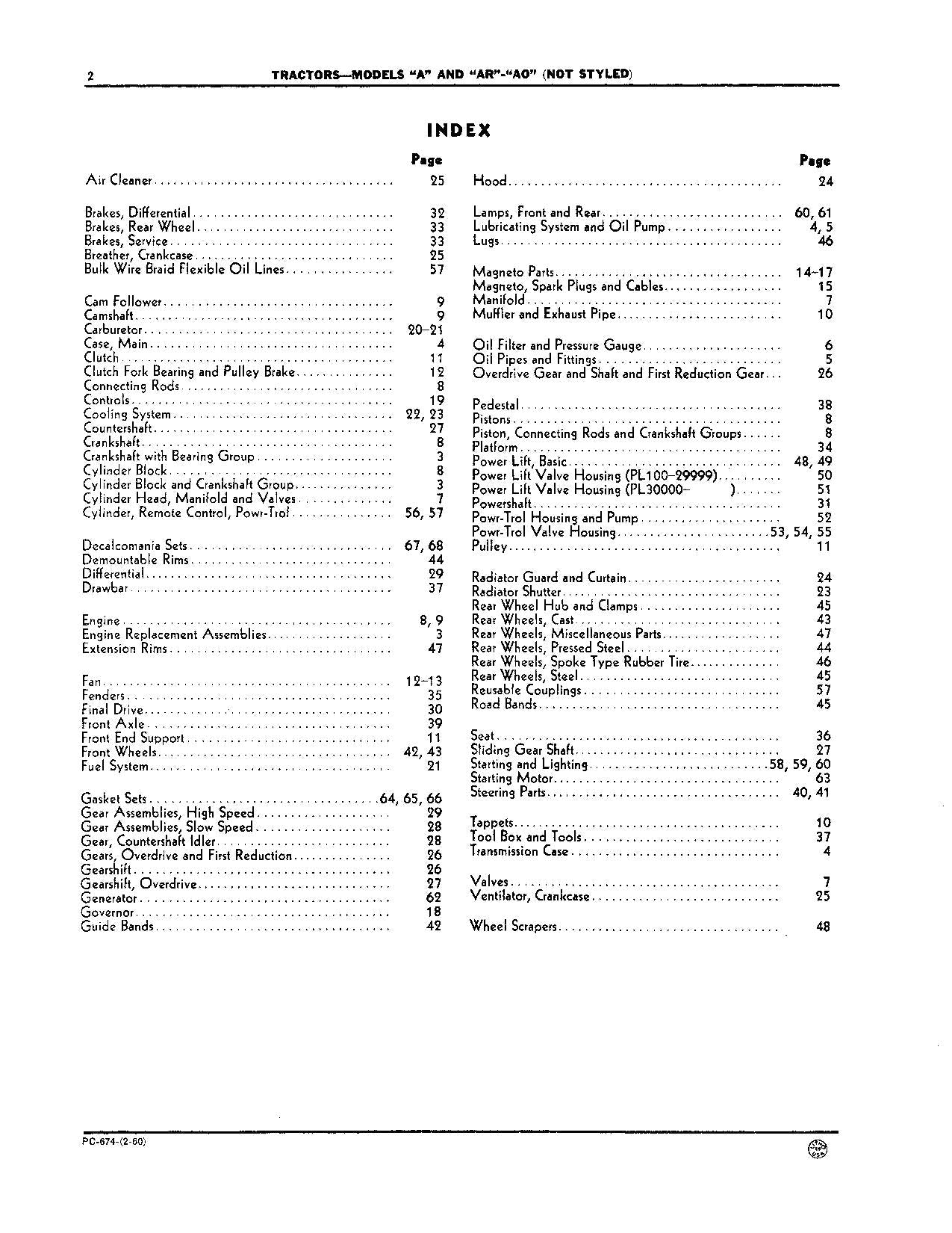 JOHN DEERE AN AO AR AW ANH A TRACTOR PARTS CATALOG MANUAL