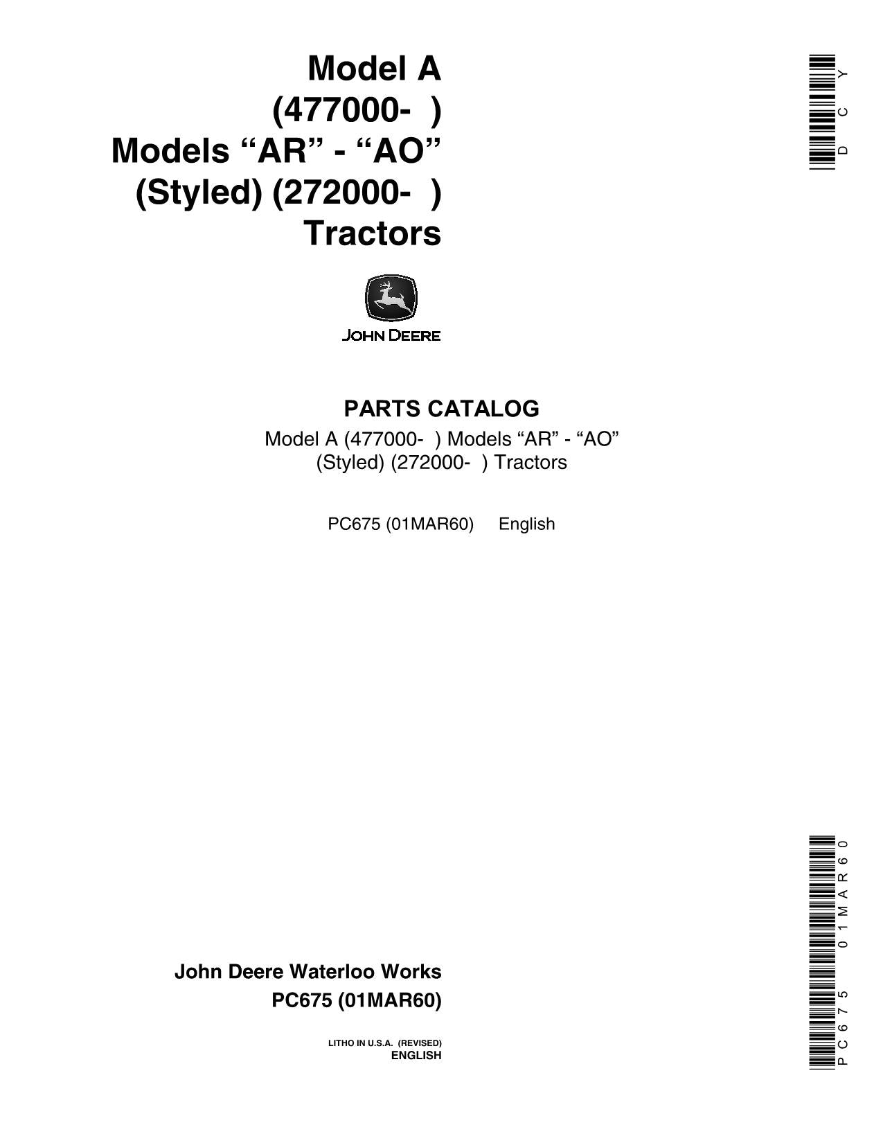 JOHN DEERE A AN AO AR AW ANH TRAKTOR TEILEKATALOGHANDBUCH