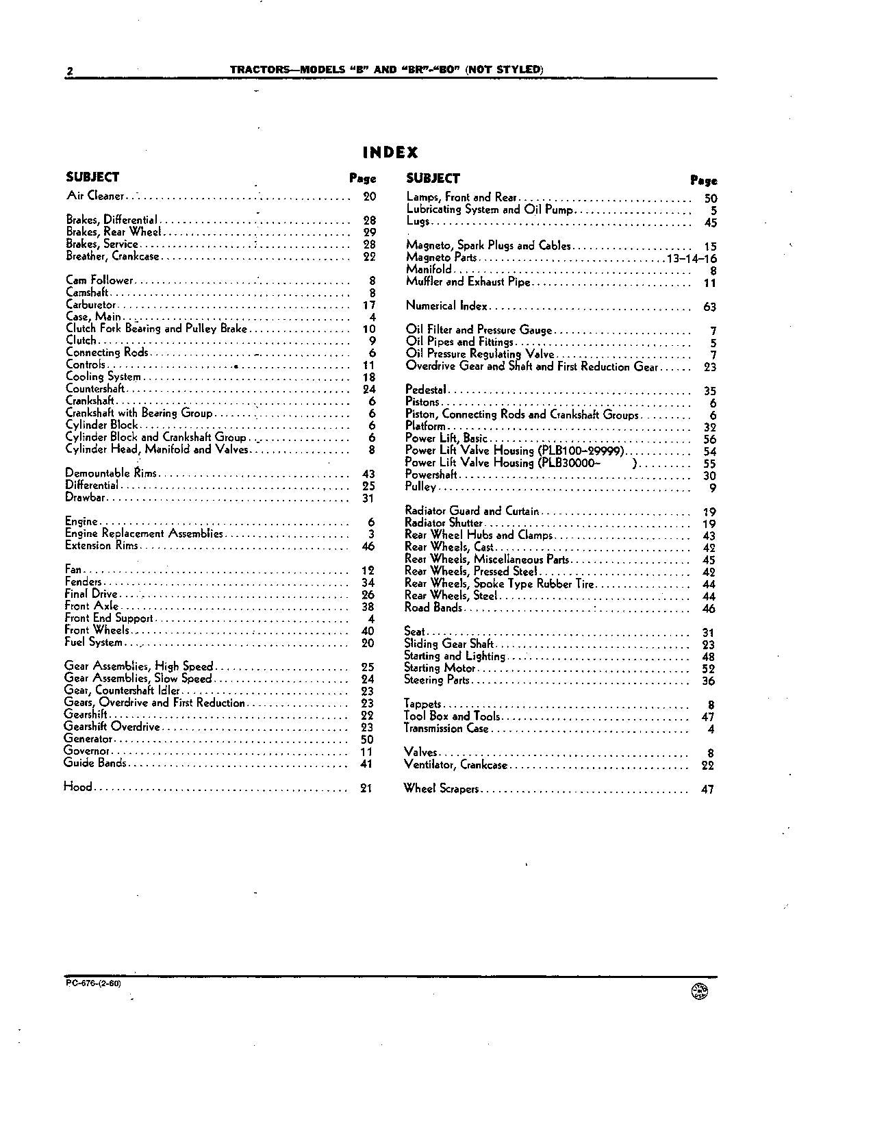 JOHN DEERE B BR BO BN BNH BW BWH TRACTOR PARTS CATALOG MANUAL