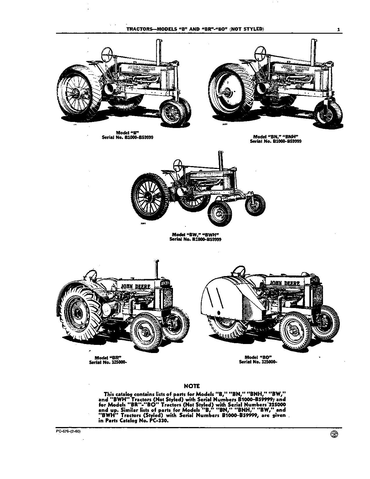 JOHN DEERE B BR BO BN BNH BW BWH TRACTOR PARTS CATALOG MANUAL