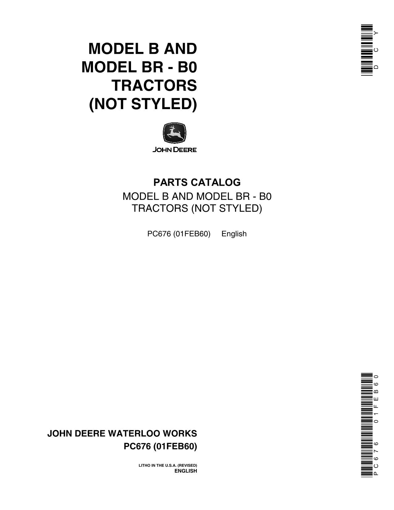 JOHN DEERE B BR BO BN BNH BW BWH TRACTOR PARTS CATALOG MANUAL