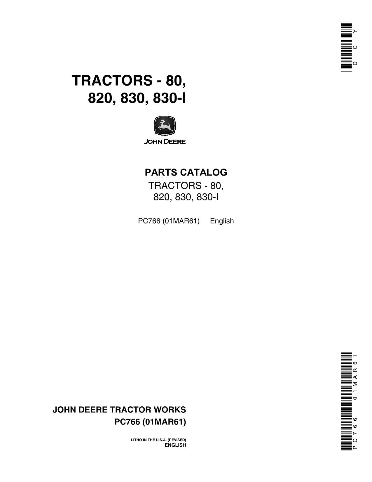 JOHN DEERE 80 820 830 TRACTOR PARTS CATALOG MANUAL