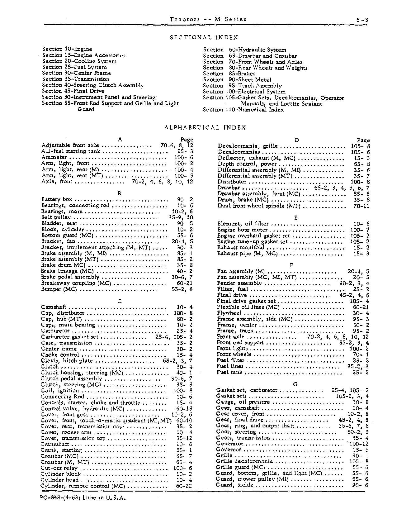 JOHN DEERE M MC MI MT TRACTOR PARTS CATALOG MANUAL