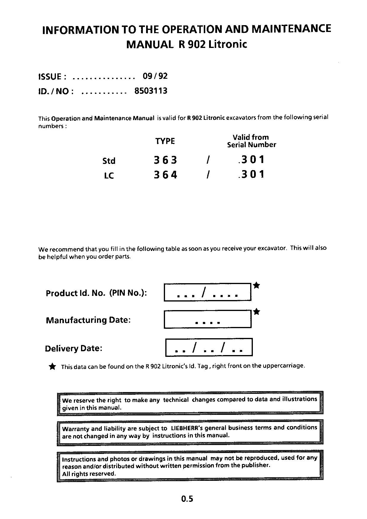 Liebherr R902 Litronic Excavator Operators manual serial 301