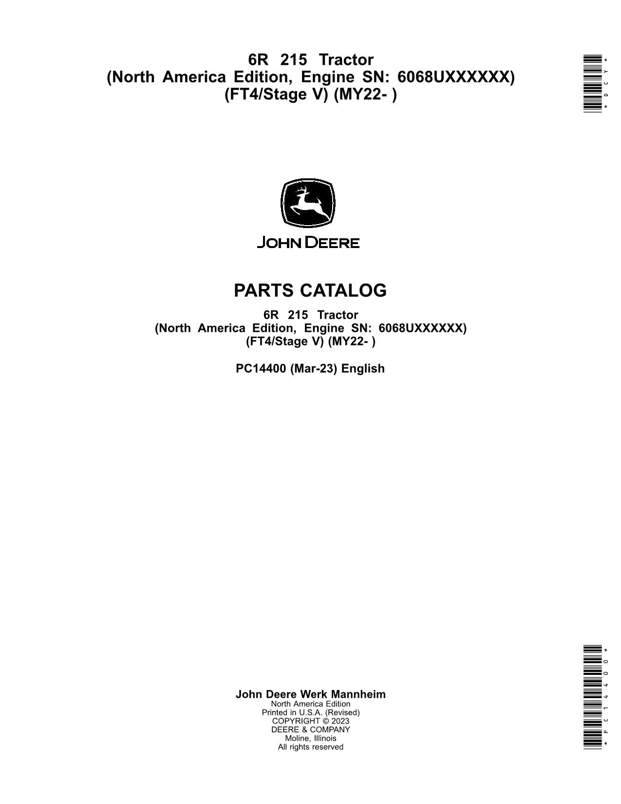 JOHN DEERE 6R 215 TRACTOR PARTS CATALOG MANUAL