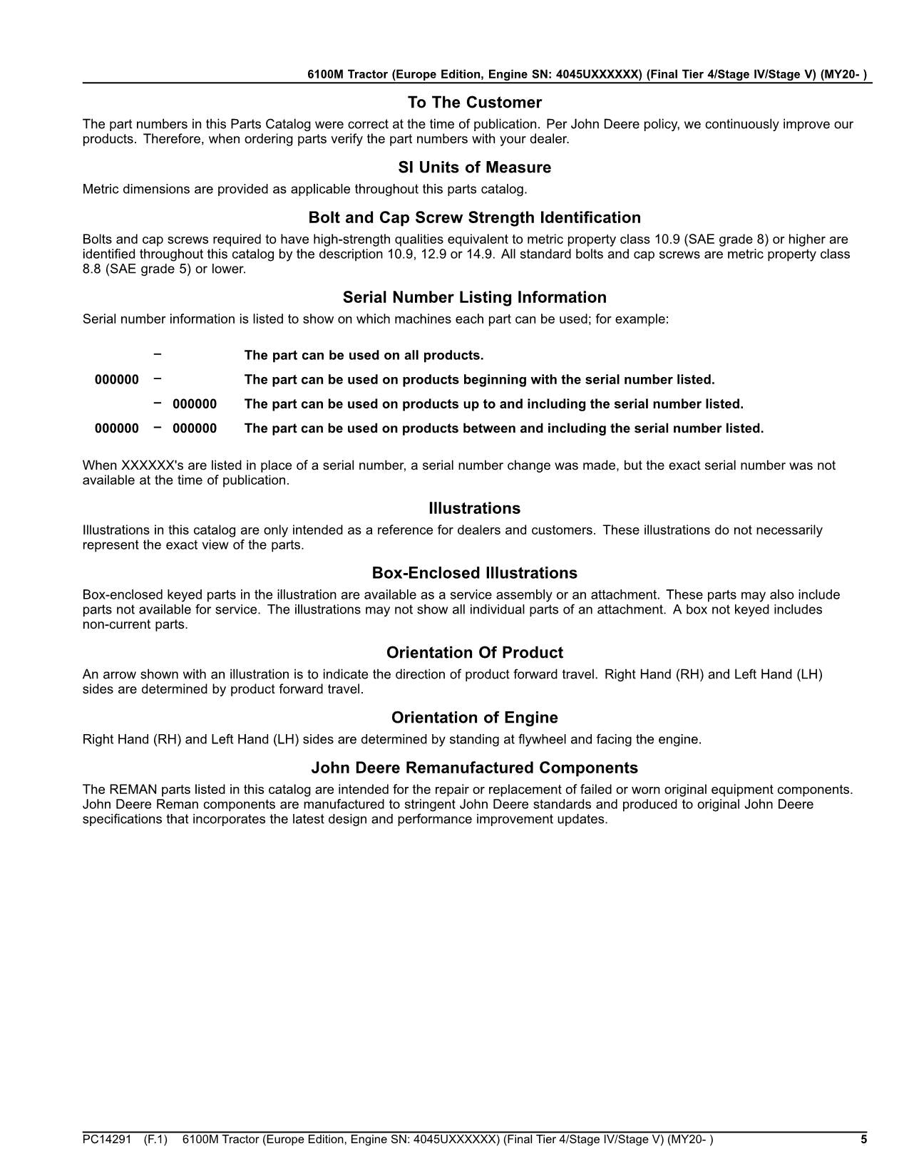 JOHN DEERE 6100M TRACTOR PARTS CATALOG MANUAL