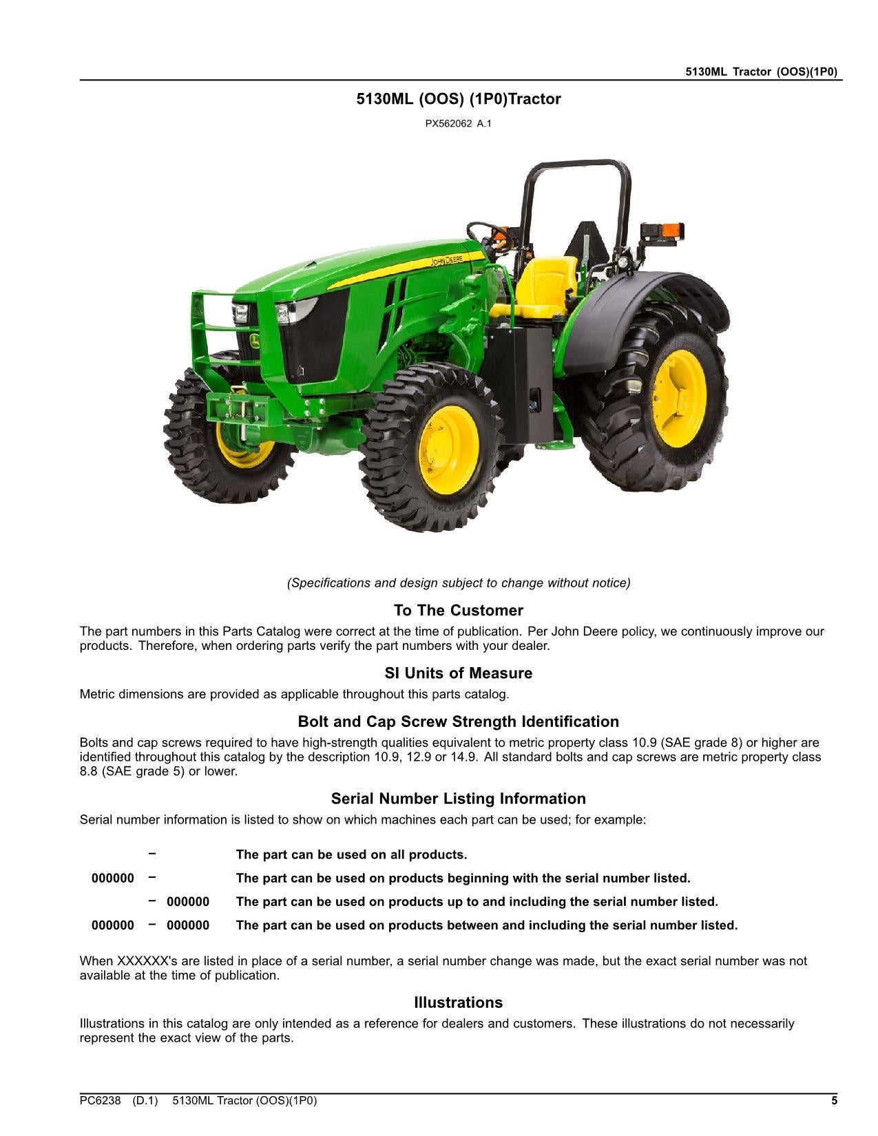 JOHN DEERE 5130ML TRACTOR PARTS CATALOG MANUAL