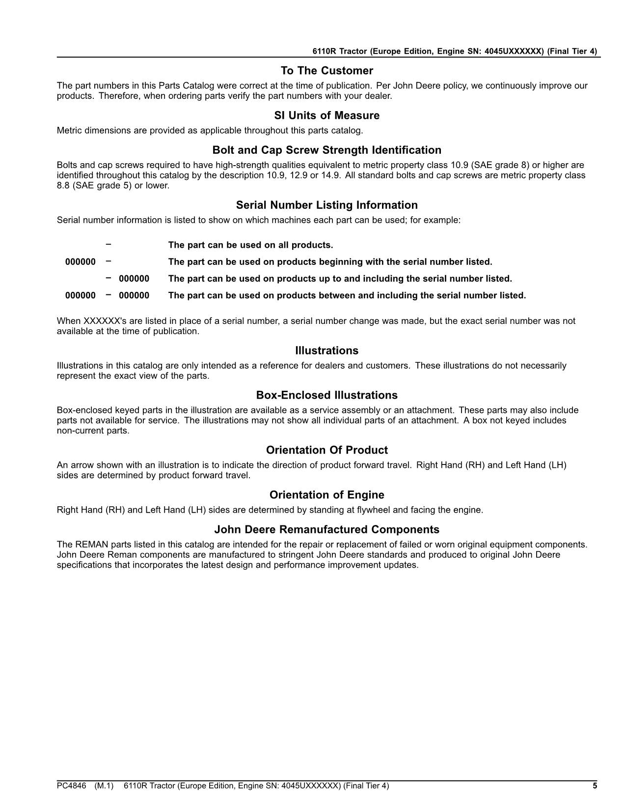 JOHN DEERE 6110R TRACTOR PARTS CATALOG MANUAL