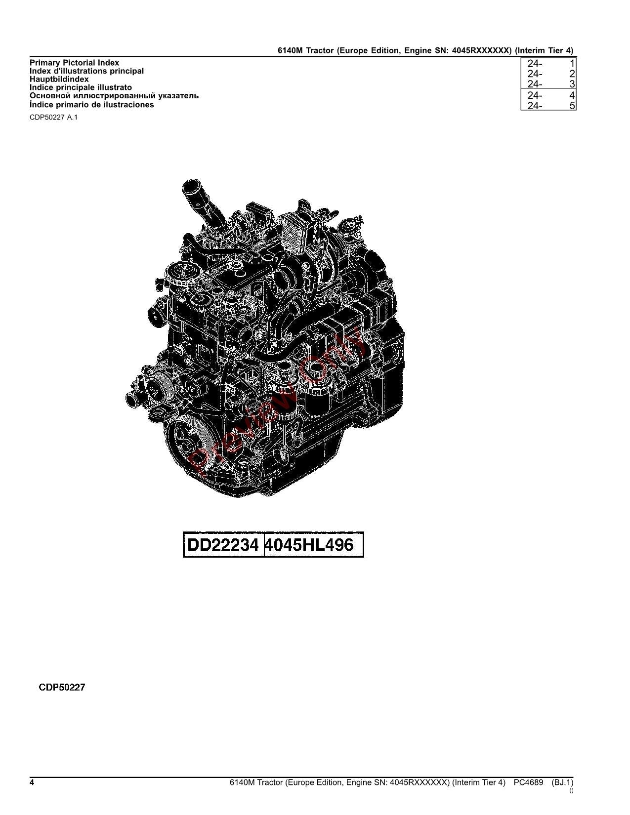 JOHN DEERE 6140M TRACTOR PARTS CATALOG MANUAL EUROPEAN serial PC4689