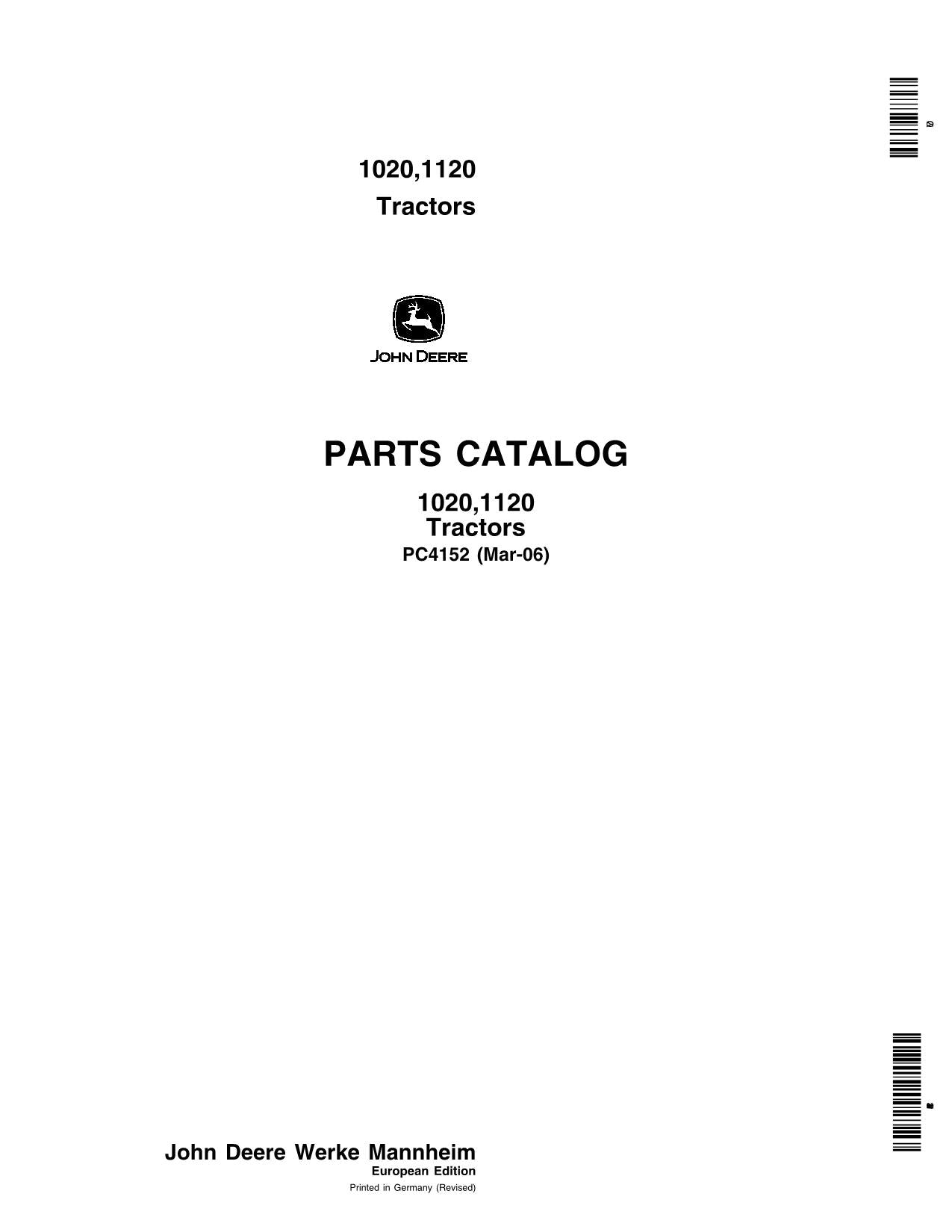 JOHN DEERE 1020 1120 TRACTOR PARTS CATALOG MANUAL